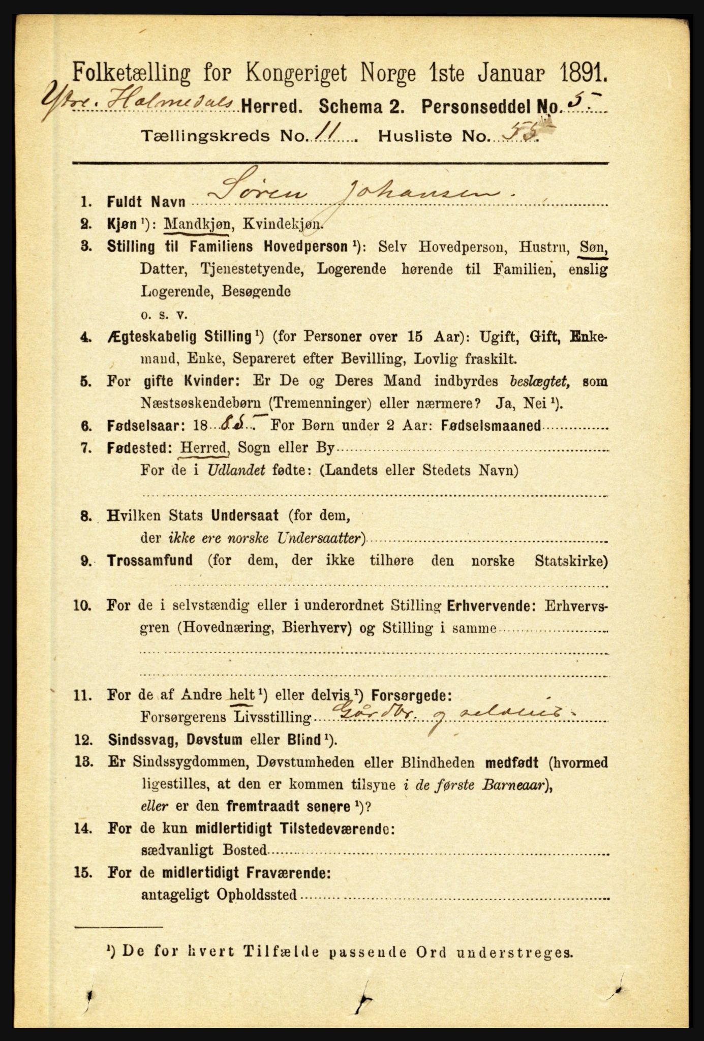 RA, 1891 census for 1429 Ytre Holmedal, 1891, p. 3134