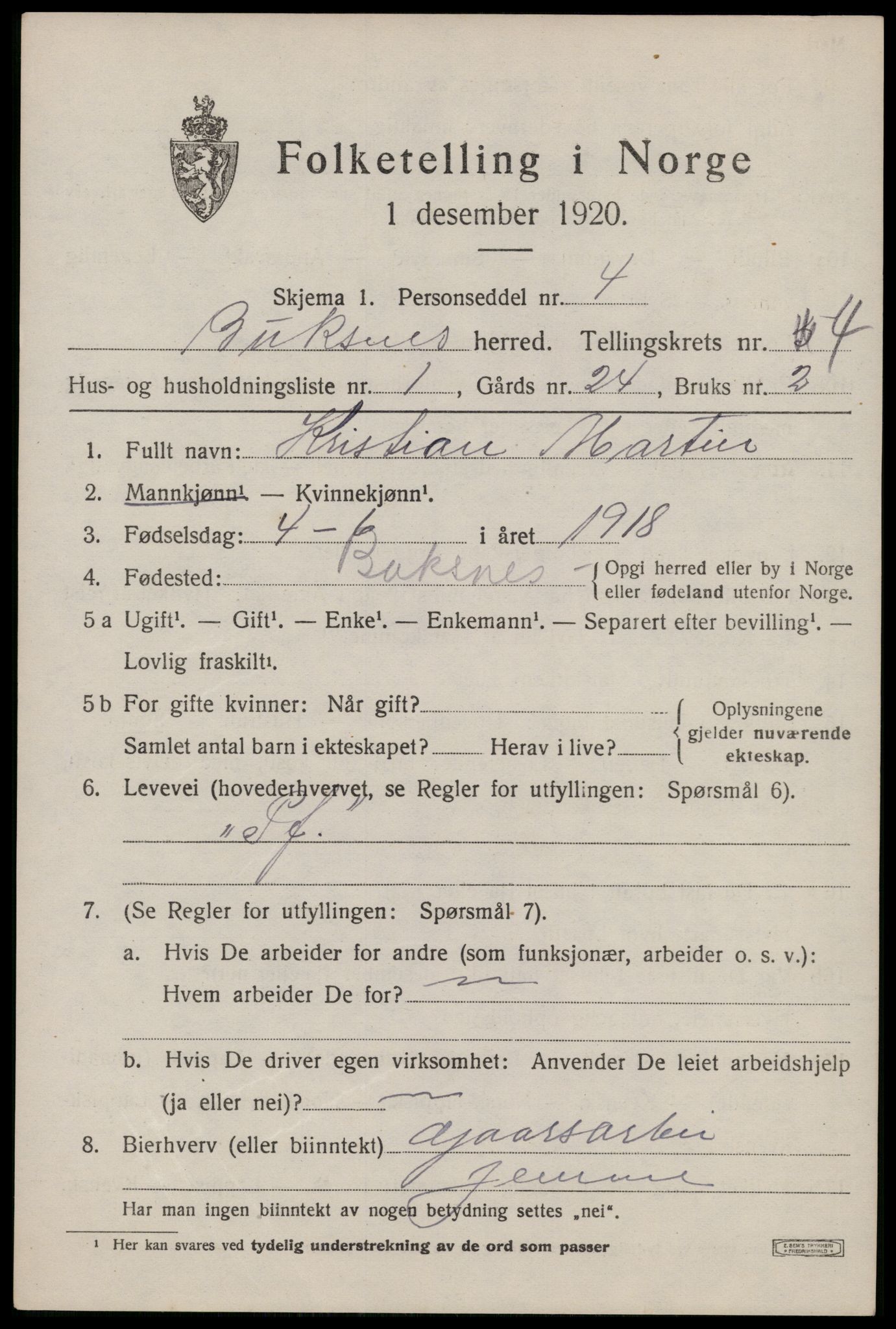 SAT, 1920 census for Buksnes, 1920, p. 4501