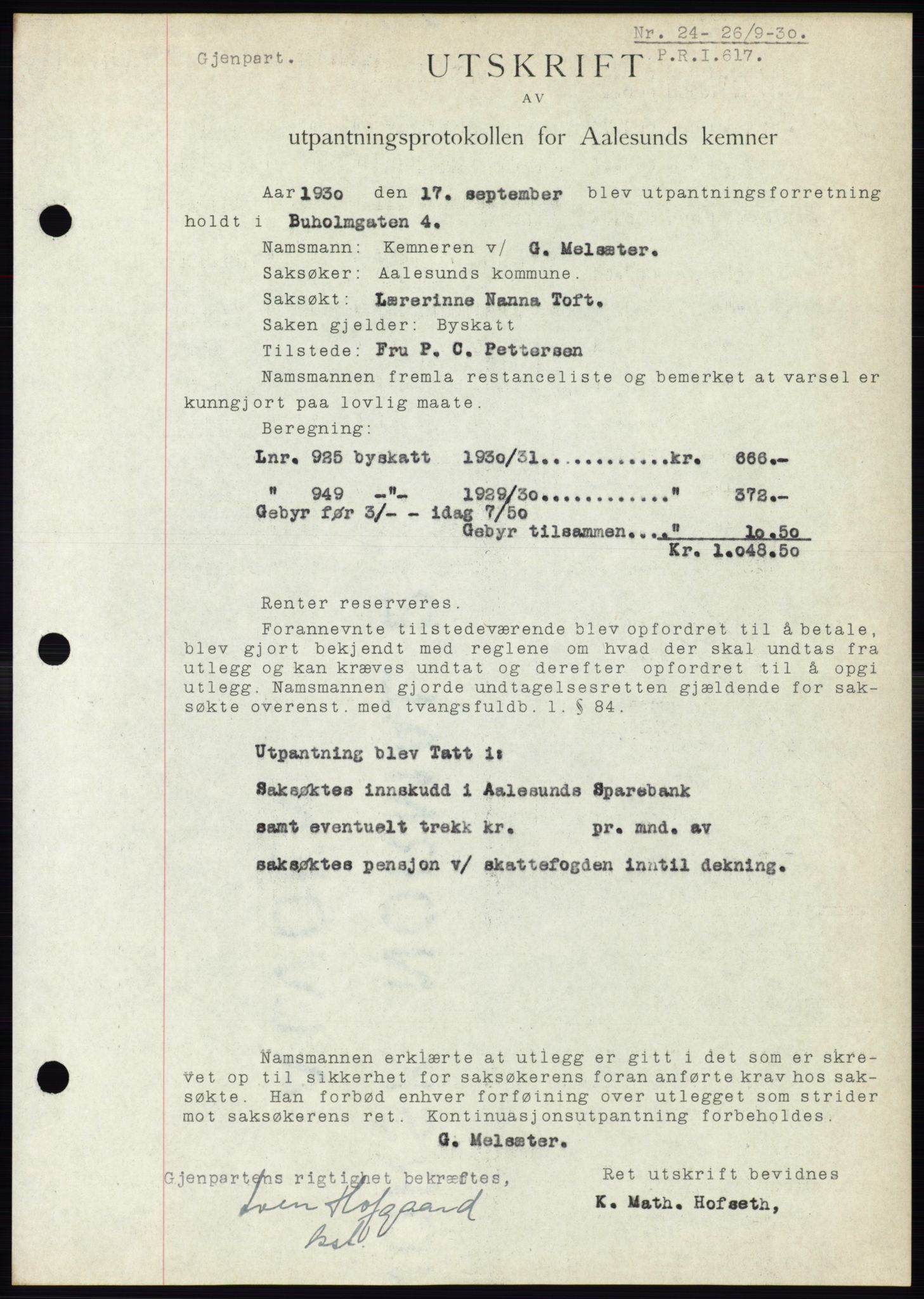 Ålesund byfogd, AV/SAT-A-4384: Mortgage book no. 26, 1930-1930, Deed date: 26.09.1930