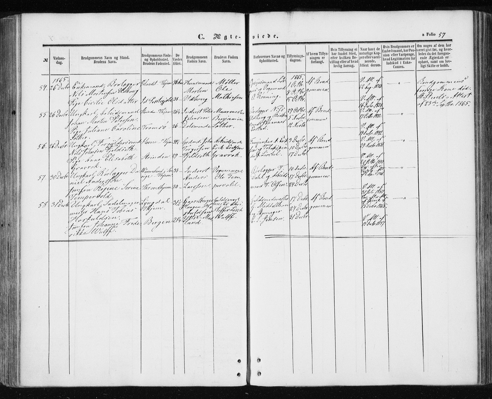 Ministerialprotokoller, klokkerbøker og fødselsregistre - Sør-Trøndelag, SAT/A-1456/601/L0053: Parish register (official) no. 601A21, 1857-1865, p. 57