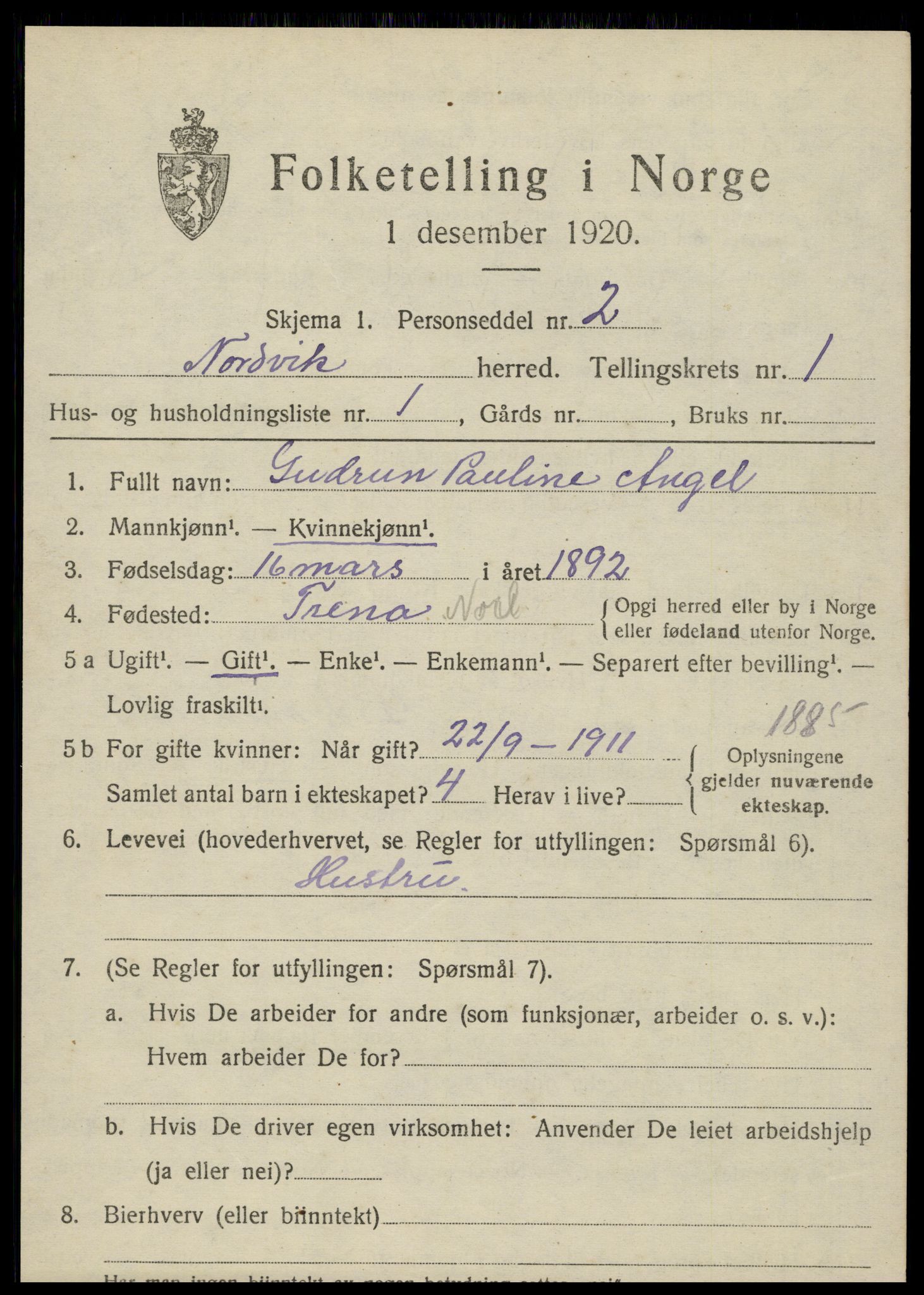 SAT, 1920 census for Nordvik, 1920, p. 598