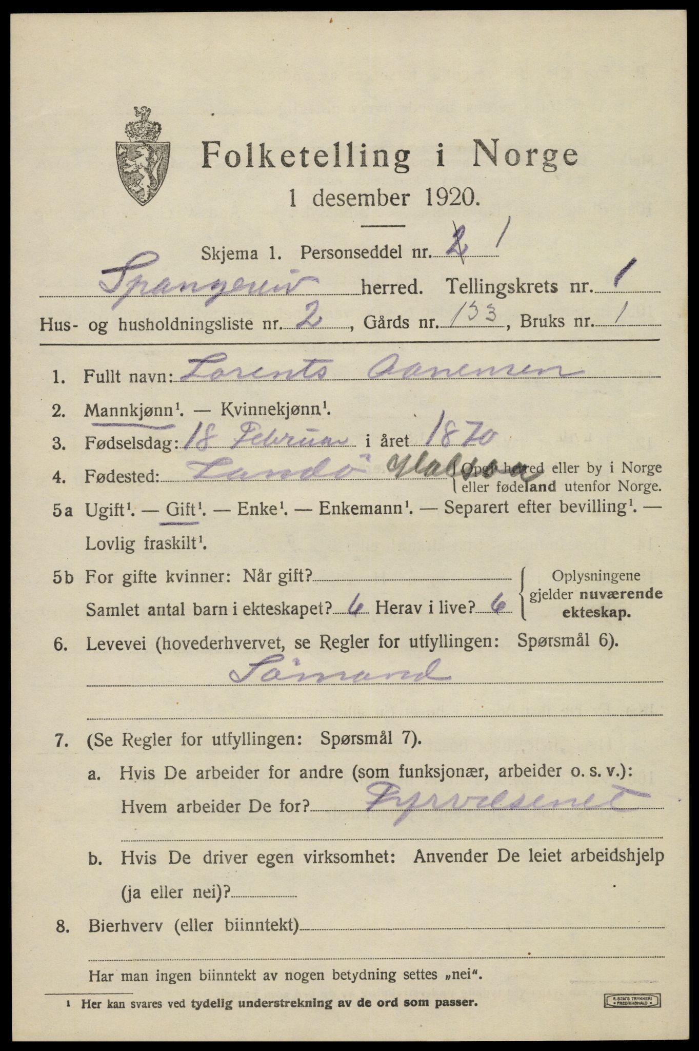 SAK, 1920 census for Spangereid, 1920, p. 835