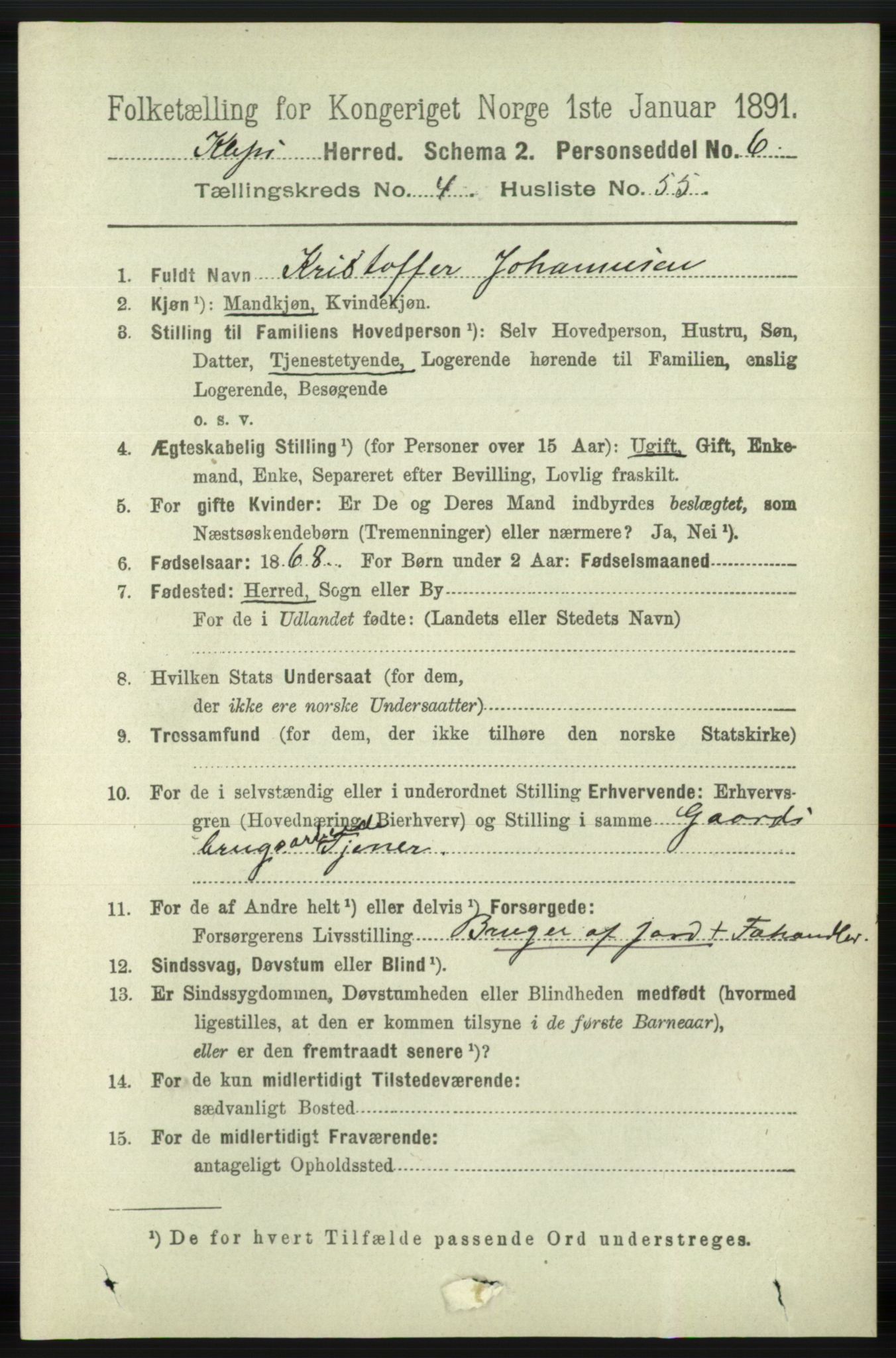 RA, 1891 census for 1120 Klepp, 1891, p. 1285