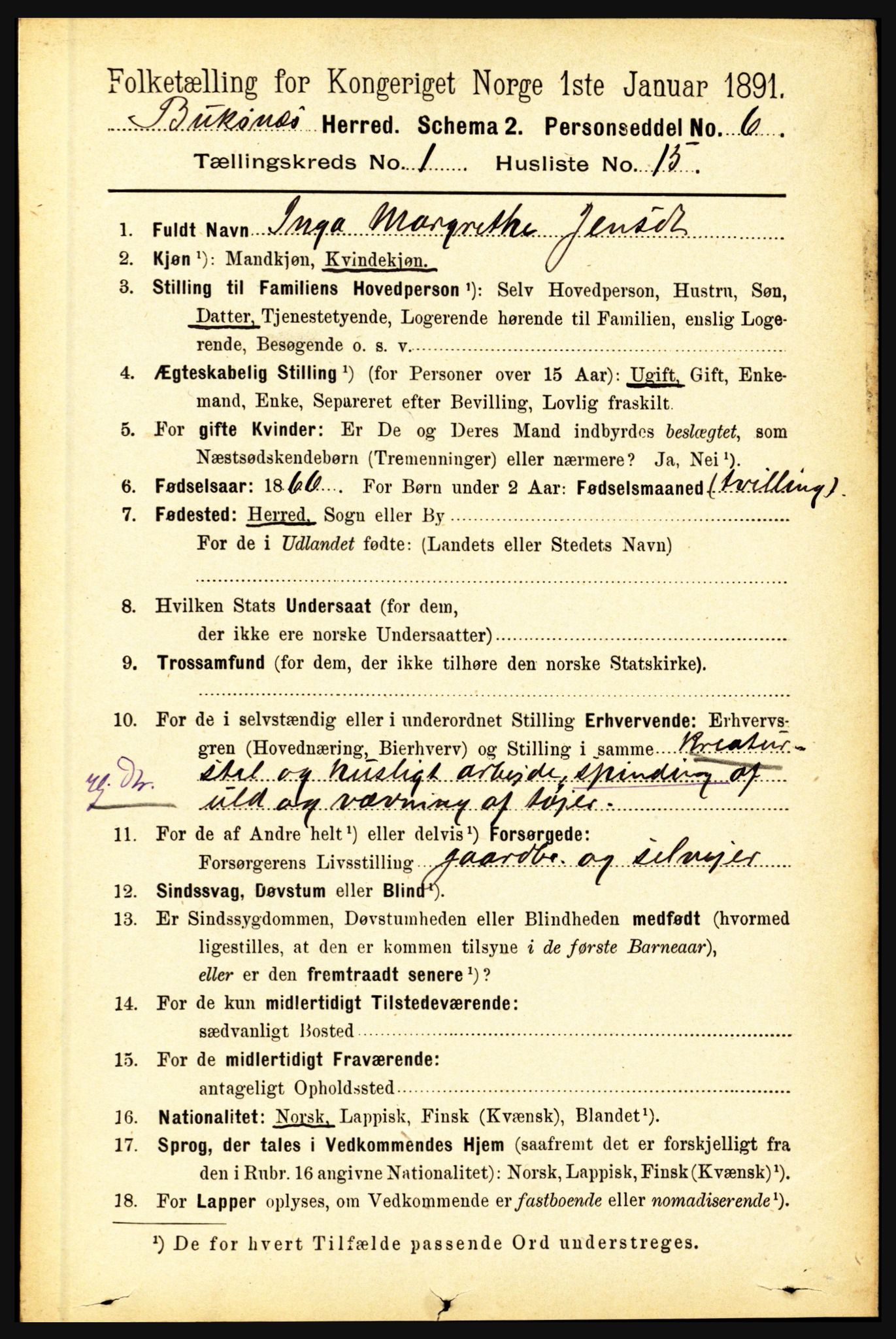 RA, 1891 census for 1860 Buksnes, 1891, p. 327