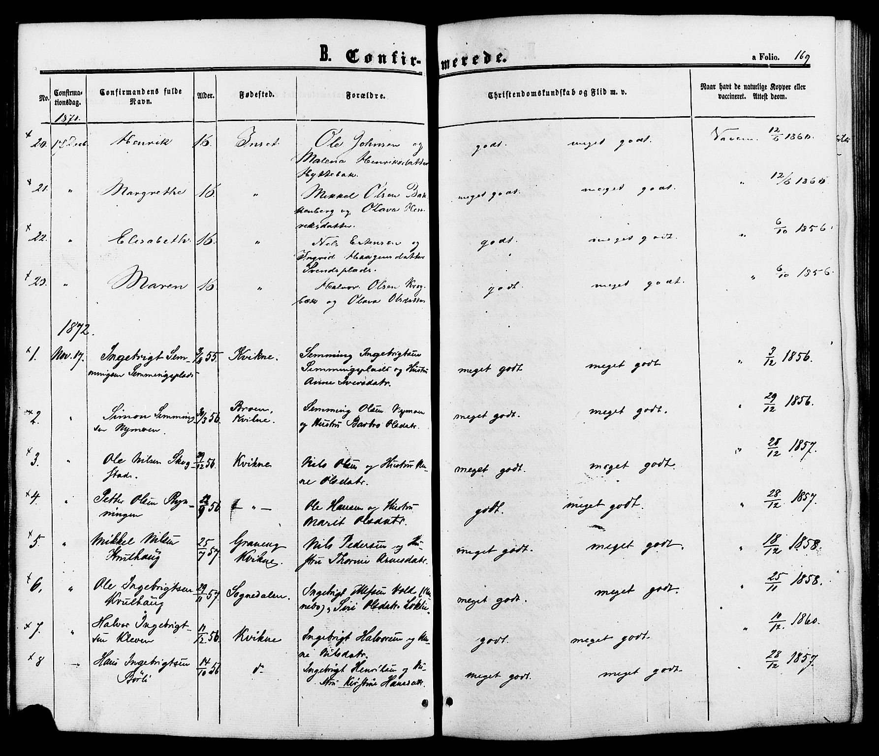 Kvikne prestekontor, SAH/PREST-064/H/Ha/Haa/L0006: Parish register (official) no. 6, 1863-1886, p. 169