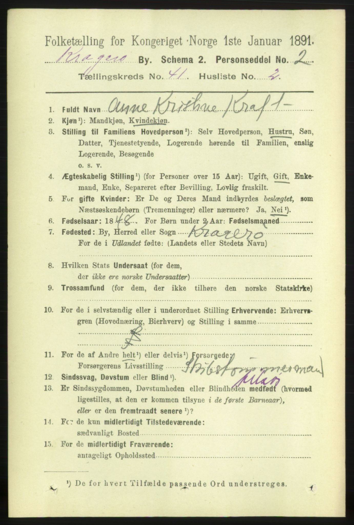 RA, 1891 census for 0801 Kragerø, 1891, p. 7515