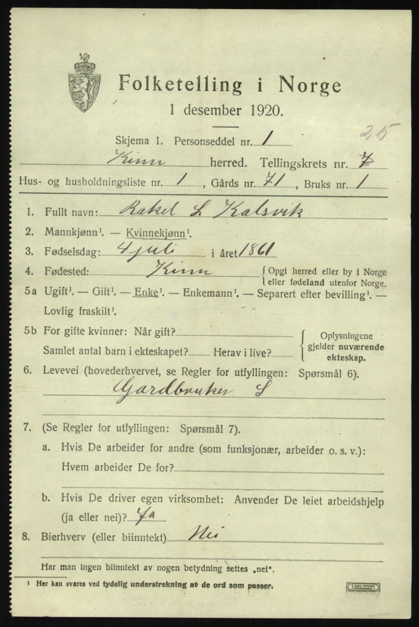 SAB, 1920 census for Kinn, 1920, p. 8705