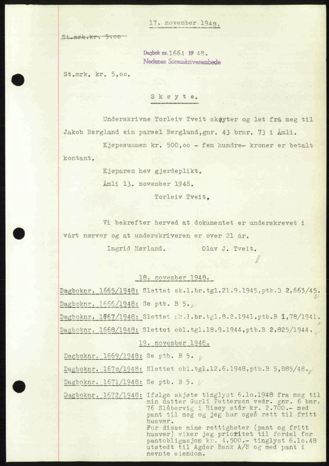 Nedenes sorenskriveri, SAK/1221-0006/G/Gb/Gba/L0060: Mortgage book no. A12, 1948-1949, Diary no: : 1664/1948