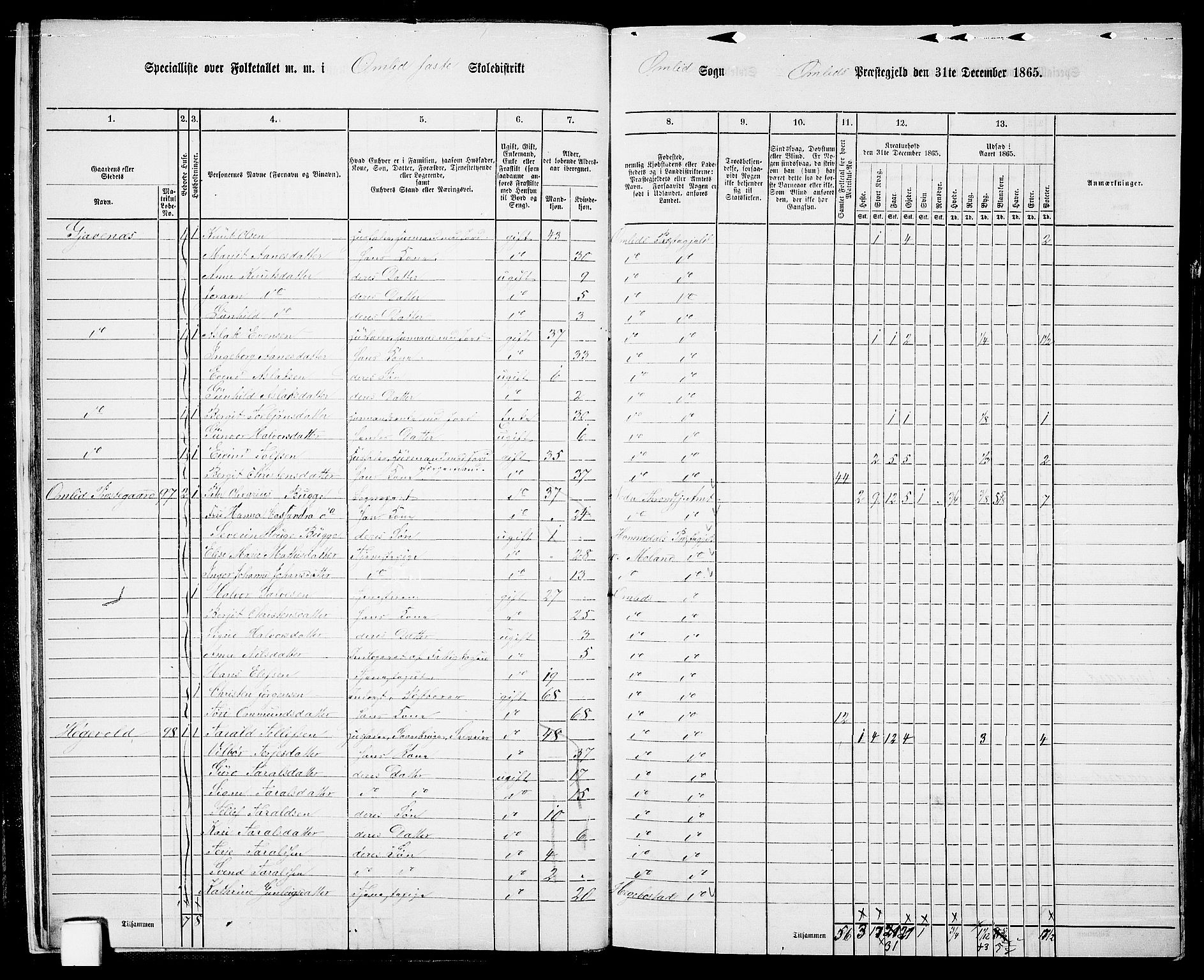 RA, 1865 census for Åmli, 1865, p. 14