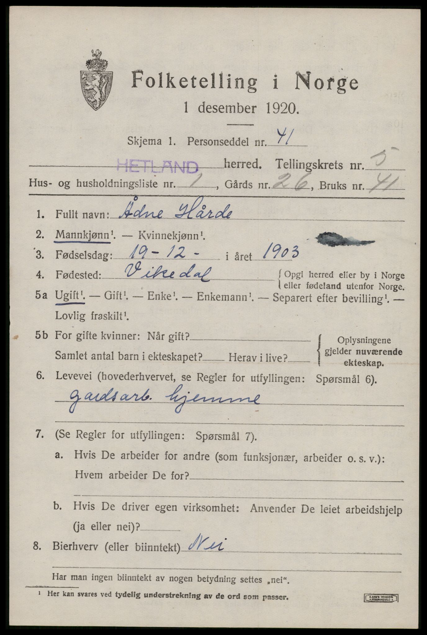SAST, 1920 census for Hetland, 1920, p. 8231
