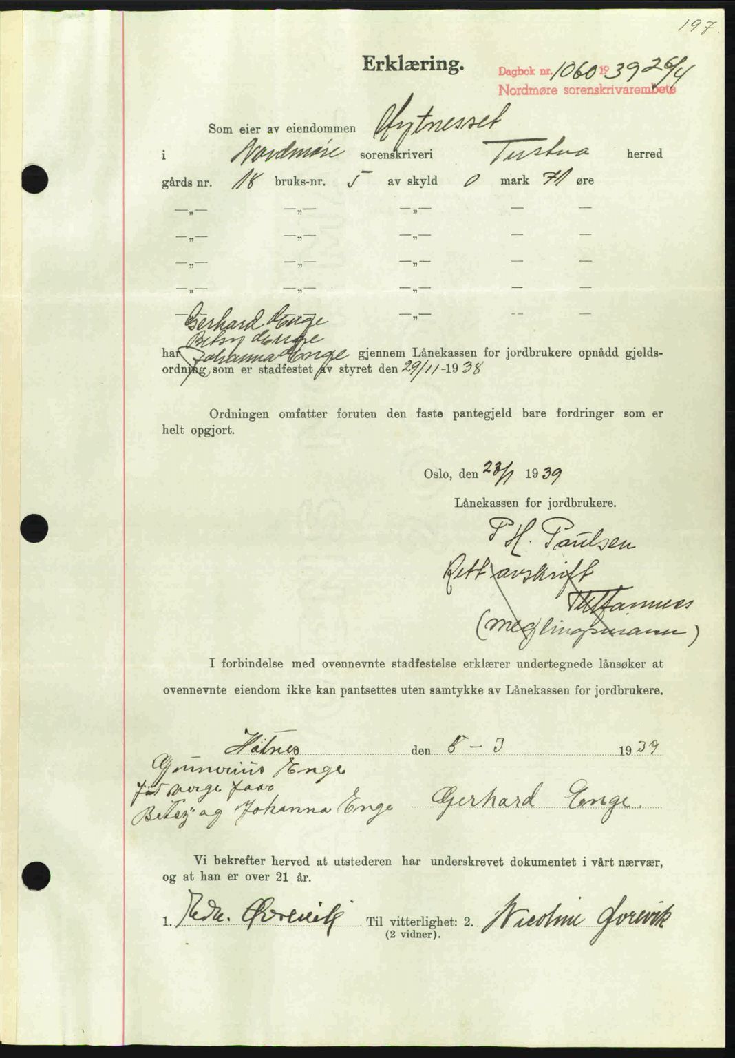 Nordmøre sorenskriveri, AV/SAT-A-4132/1/2/2Ca: Mortgage book no. B85, 1939-1939, Diary no: : 1060/1939