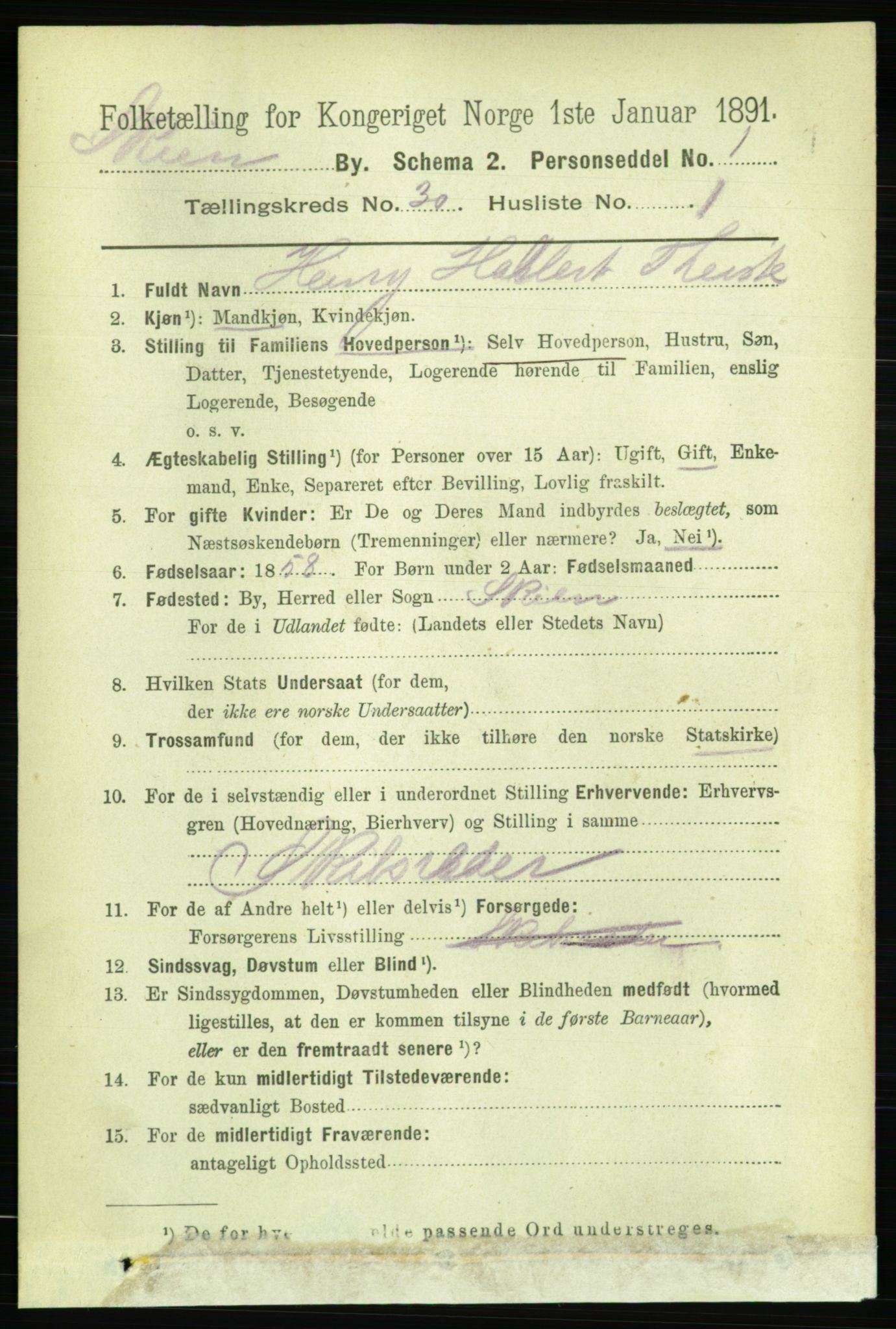 RA, 1891 census for 0806 Skien, 1891, p. 6853