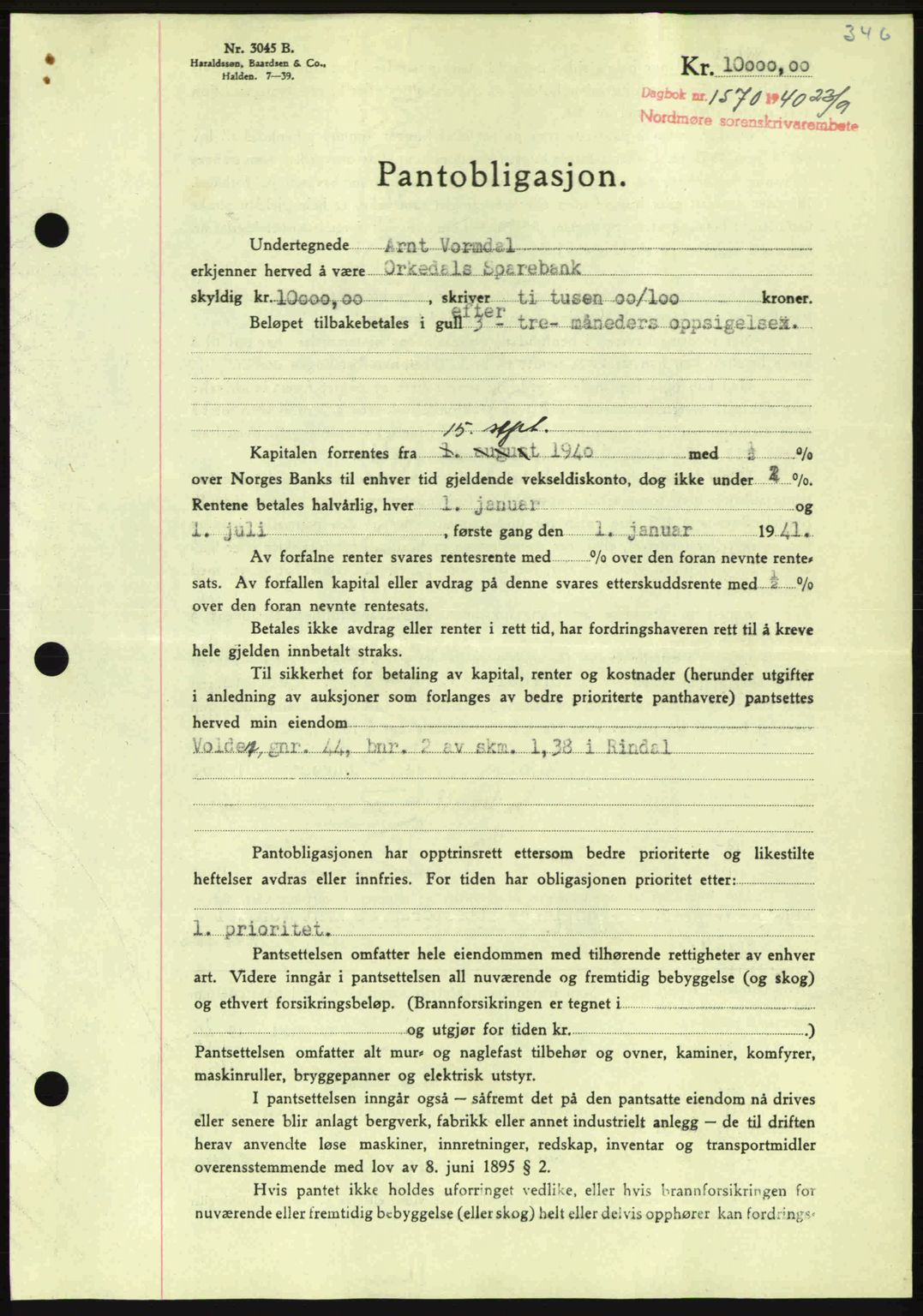 Nordmøre sorenskriveri, AV/SAT-A-4132/1/2/2Ca: Mortgage book no. B87, 1940-1941, Diary no: : 1570/1940