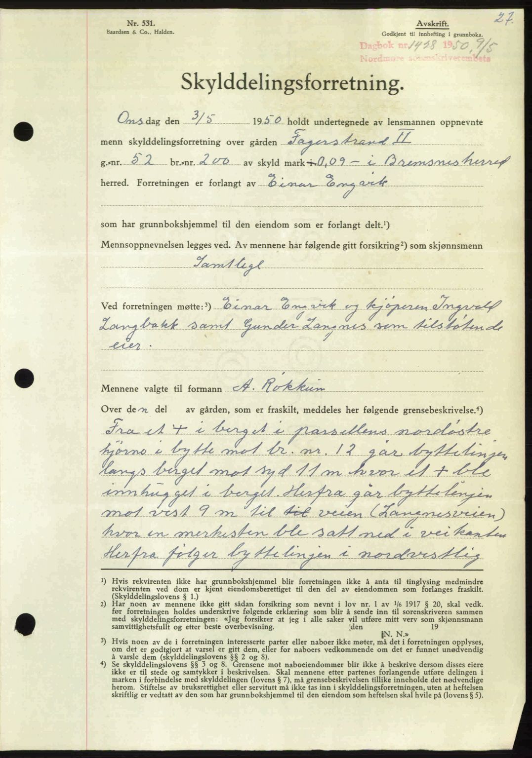 Nordmøre sorenskriveri, AV/SAT-A-4132/1/2/2Ca: Mortgage book no. A115, 1950-1950, Diary no: : 1428/1950