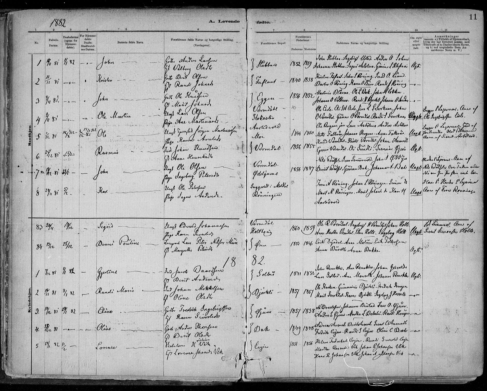 Ministerialprotokoller, klokkerbøker og fødselsregistre - Sør-Trøndelag, SAT/A-1456/668/L0809: Parish register (official) no. 668A09, 1881-1895, p. 11