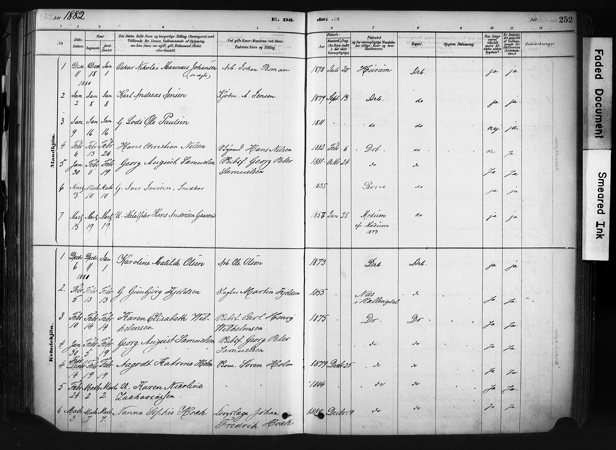 Drøbak prestekontor Kirkebøker, AV/SAO-A-10142a/F/Fb/L0001: Parish register (official) no. II 1, 1878-1891, p. 252