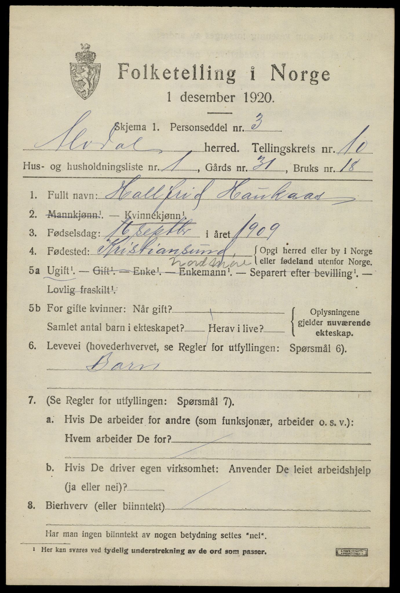 SAH, 1920 census for Alvdal, 1920, p. 5462