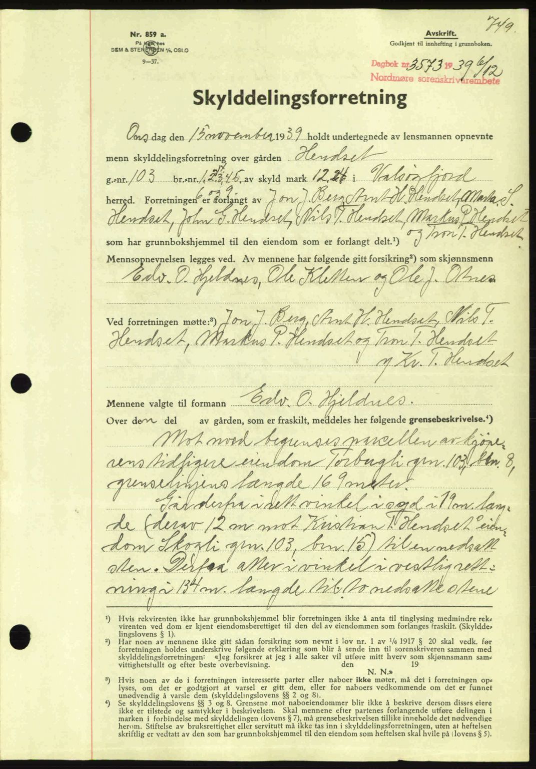 Nordmøre sorenskriveri, AV/SAT-A-4132/1/2/2Ca: Mortgage book no. A87, 1939-1940, Diary no: : 3573/1939