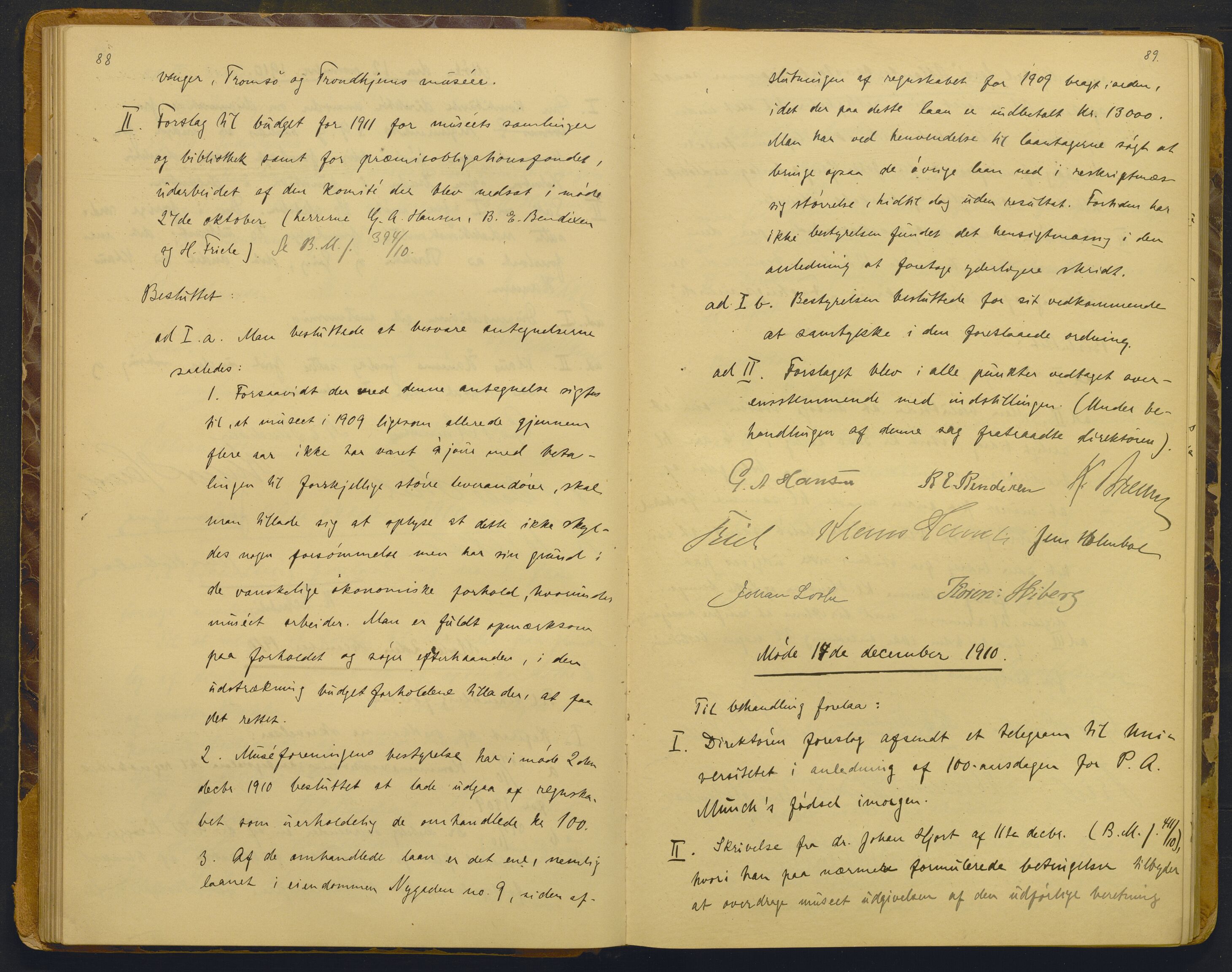 Bergens Museum, AV/SAB-A-17301/02/A/L0008: Forhandlingsprotokoll med register , 1906-1927, p. 88-89