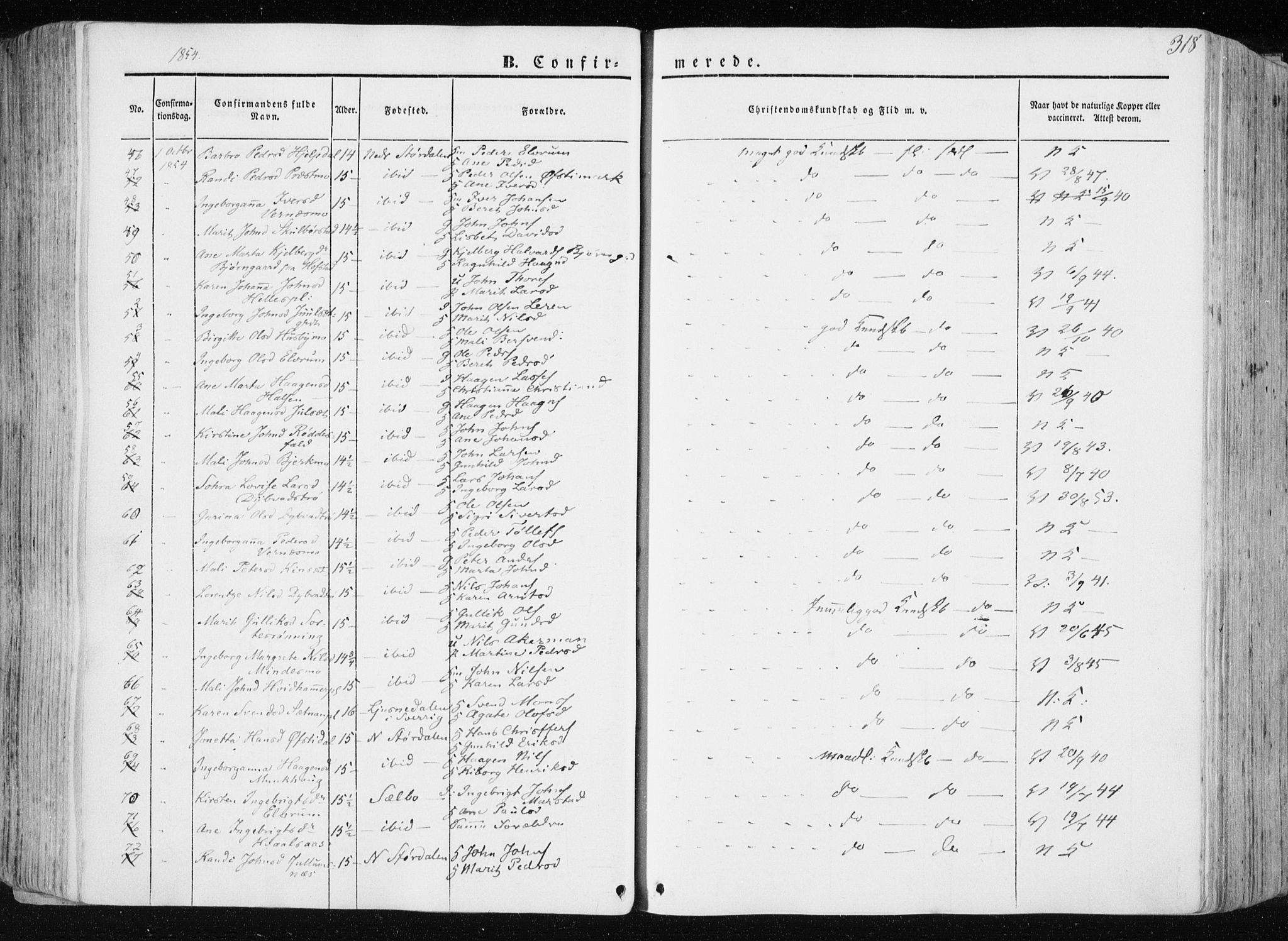 Ministerialprotokoller, klokkerbøker og fødselsregistre - Nord-Trøndelag, AV/SAT-A-1458/709/L0074: Parish register (official) no. 709A14, 1845-1858, p. 318