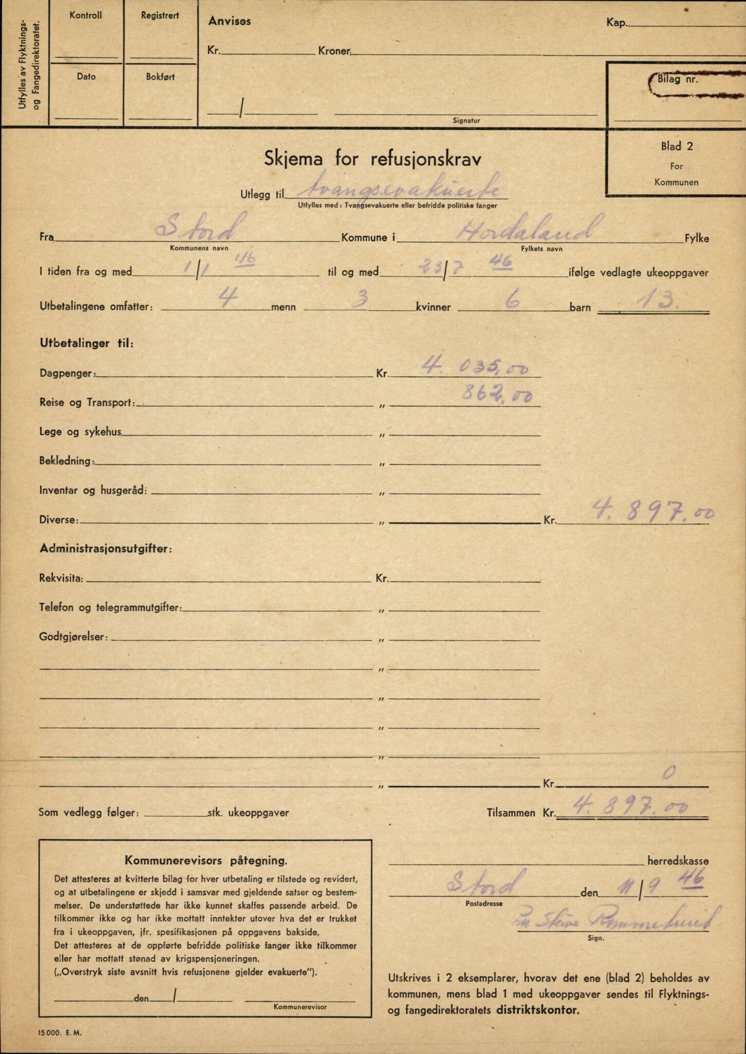 Stord kommune. Formannskapet, IKAH/1221-021/E/Ea/L0003/0007: Emneordna korrespondanse / Stønad til evakuerte , 1945-1946, p. 64