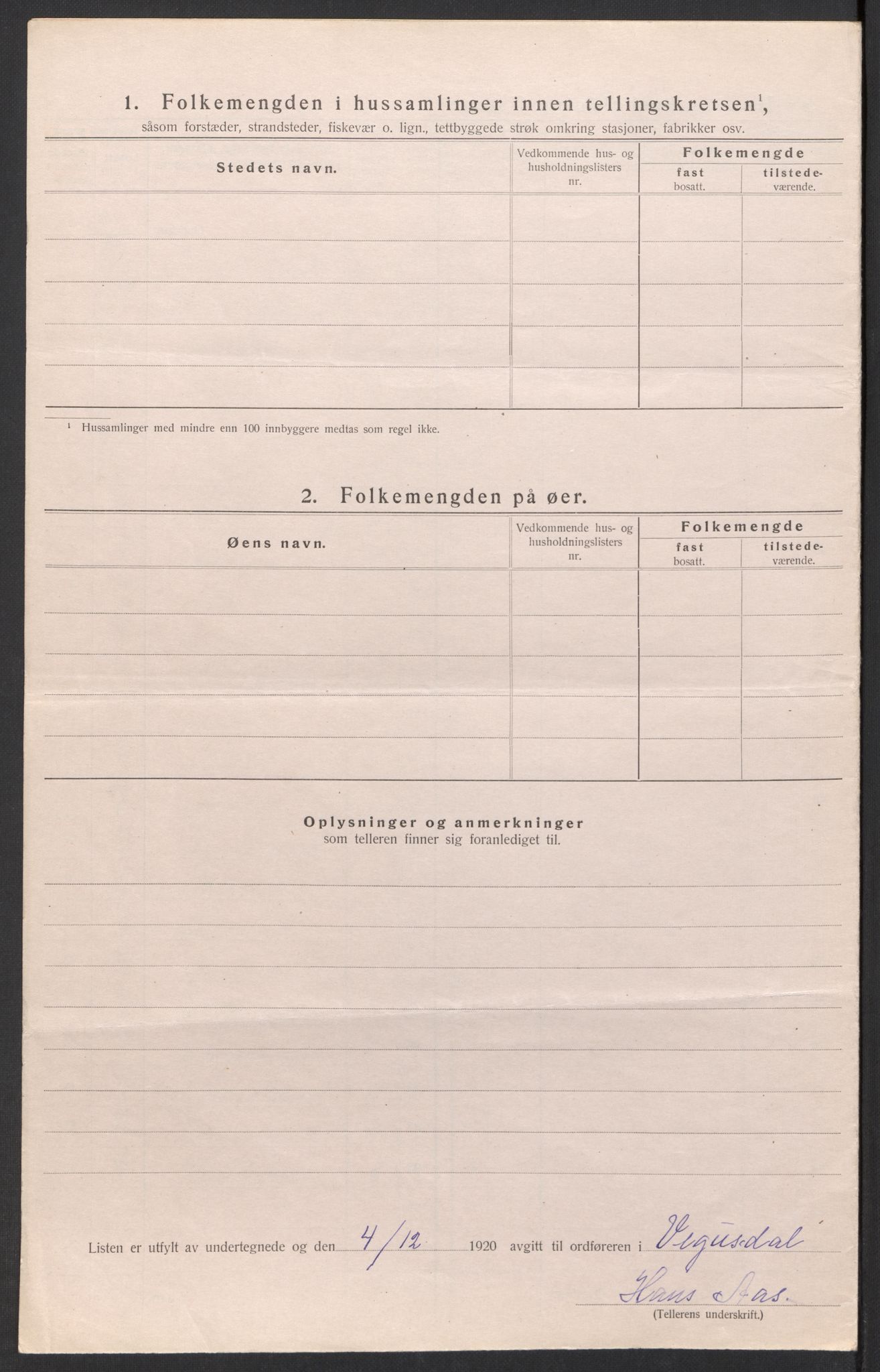 SAK, 1920 census for Vegusdal, 1920, p. 19