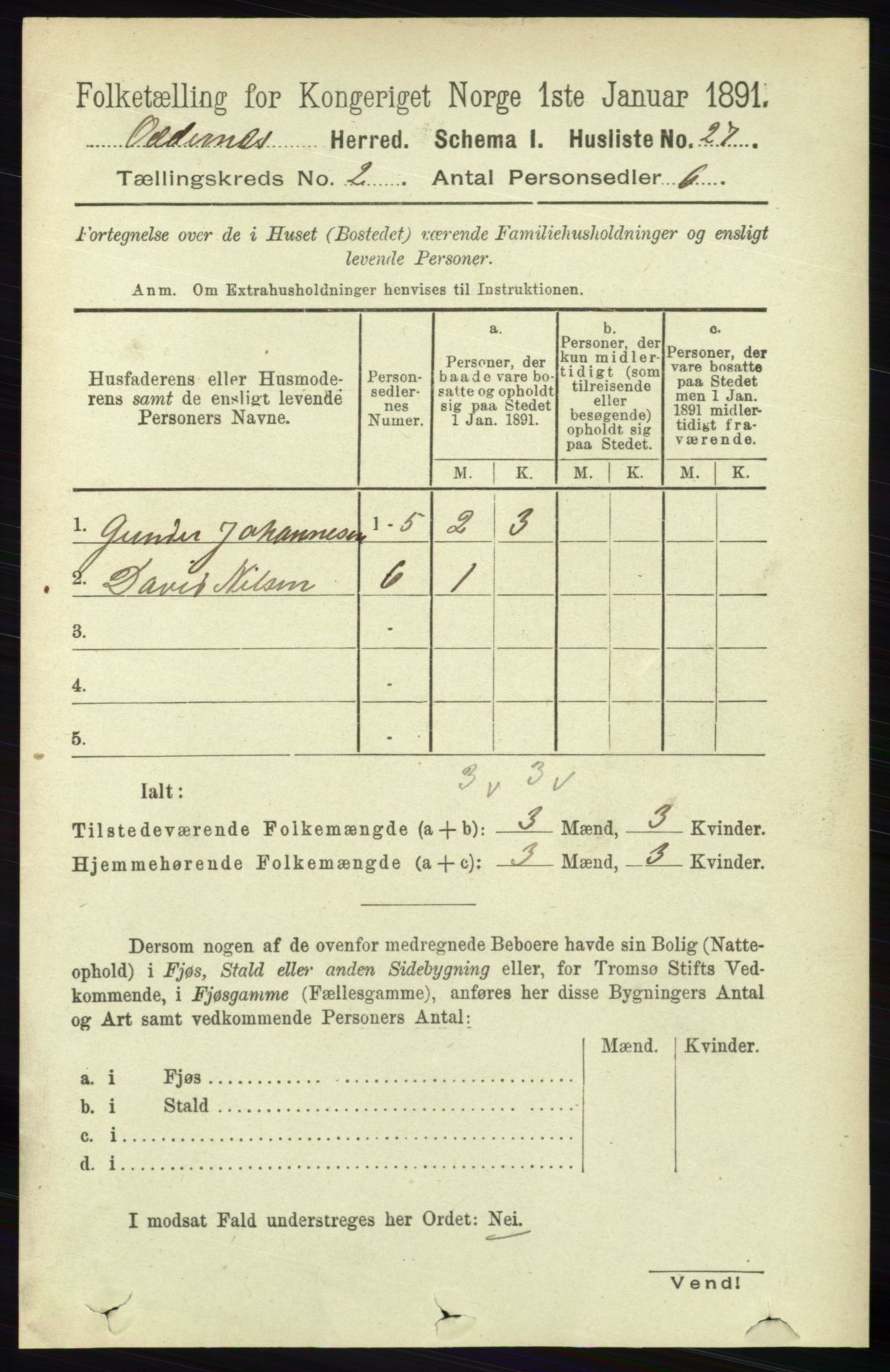 RA, 1891 census for 1012 Oddernes, 1891, p. 549