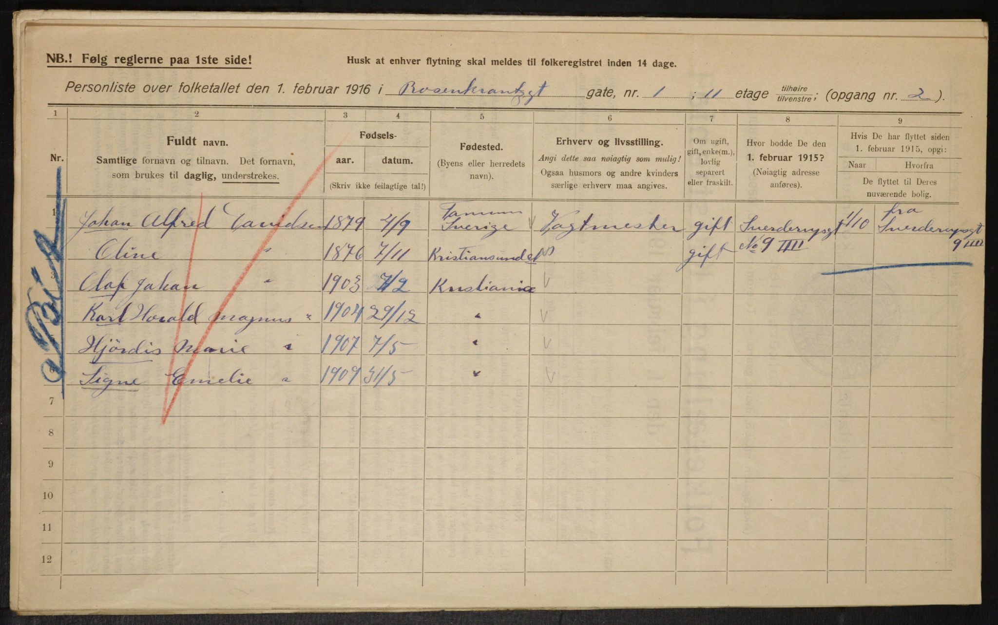 OBA, Municipal Census 1916 for Kristiania, 1916, p. 86085