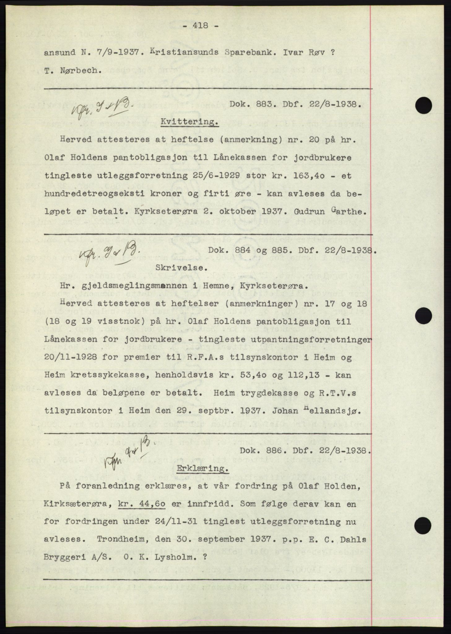 Hitra sorenskriveri, AV/SAT-A-0018/2/2C/2Ca: Mortgage book no. C1, 1936-1945, Diary no: : 883/1938