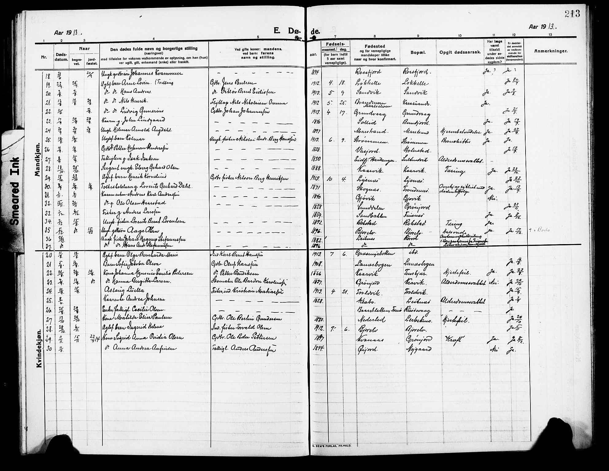 Lenvik sokneprestembete, AV/SATØ-S-1310/H/Ha/Hab/L0009klokker: Parish register (copy) no. 9, 1912-1926, p. 213