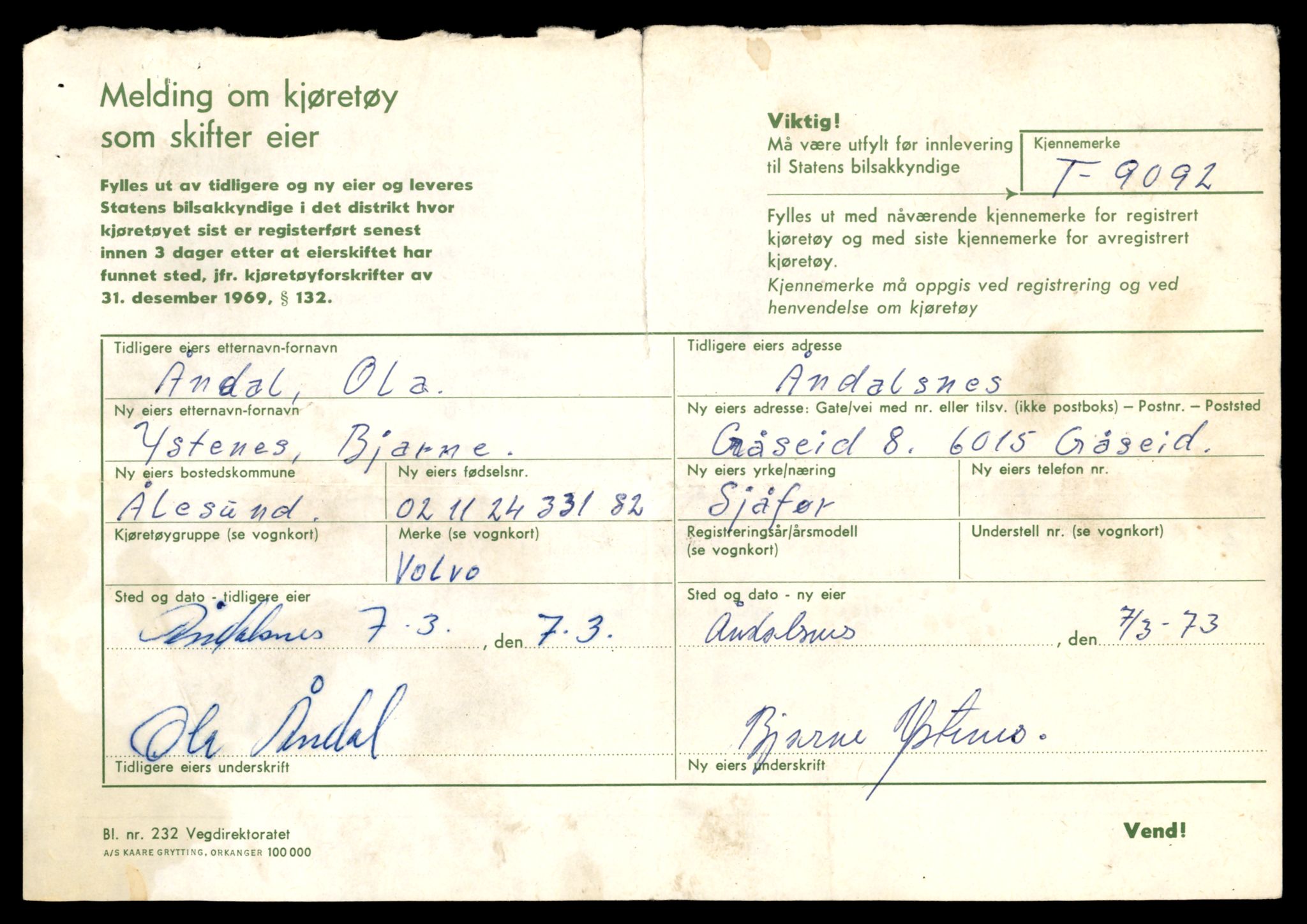 Møre og Romsdal vegkontor - Ålesund trafikkstasjon, AV/SAT-A-4099/F/Fe/L0017: Registreringskort for kjøretøy T 1985 - T 10090, 1927-1998, p. 911