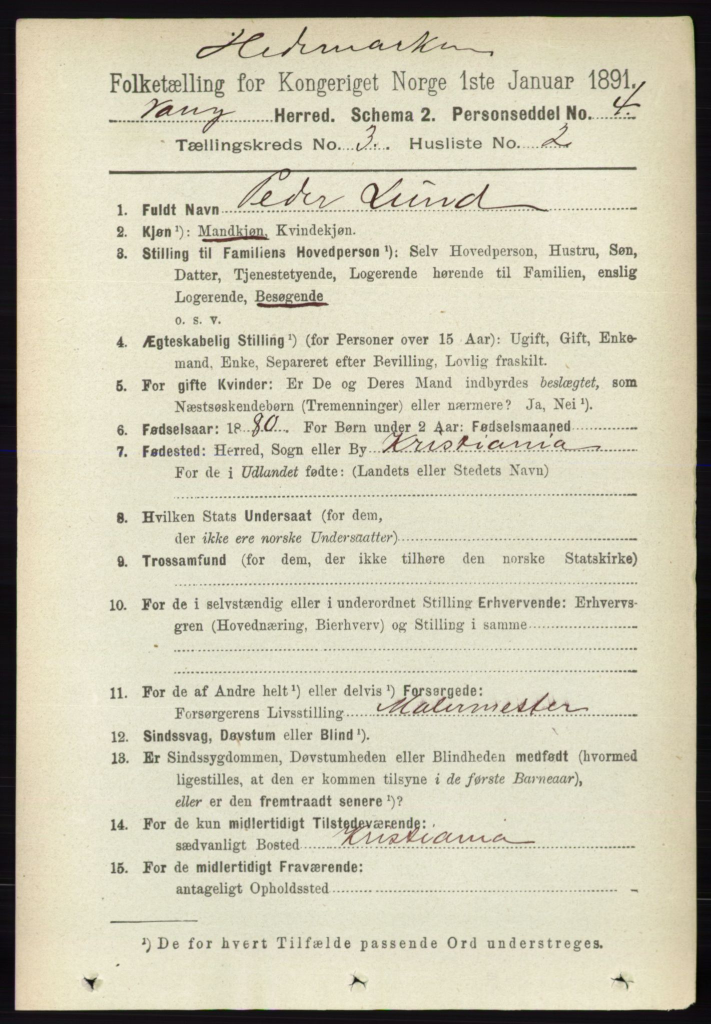 RA, 1891 census for 0414 Vang, 1891, p. 1899