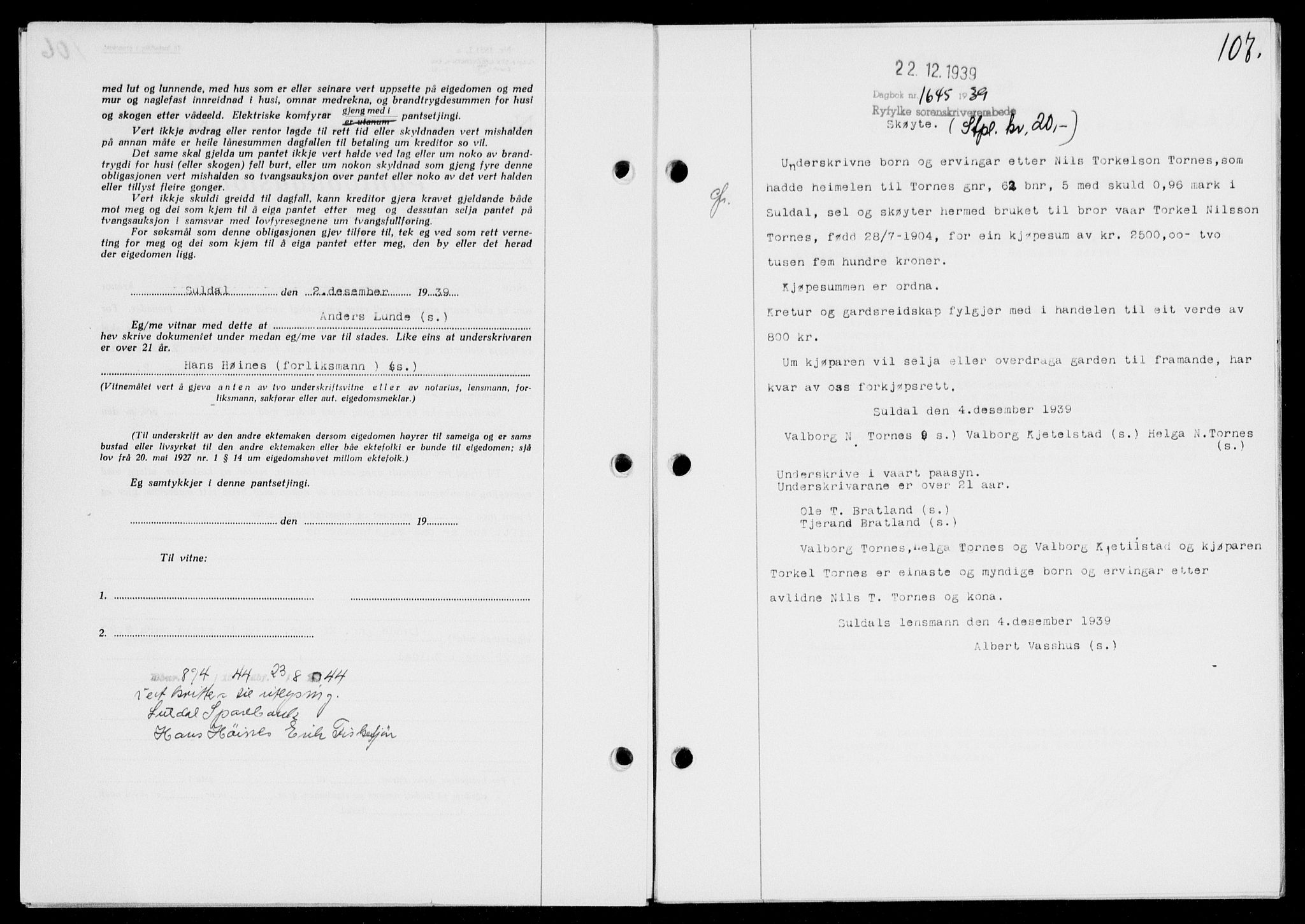 Ryfylke tingrett, AV/SAST-A-100055/001/II/IIB/L0081: Mortgage book no. 60, 1939-1940, Diary no: : 1645/1939