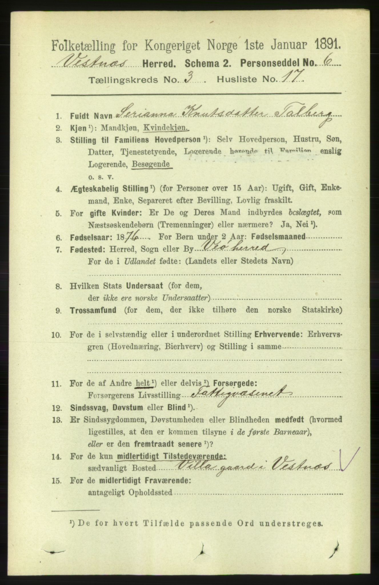 RA, 1891 census for 1535 Vestnes, 1891, p. 970