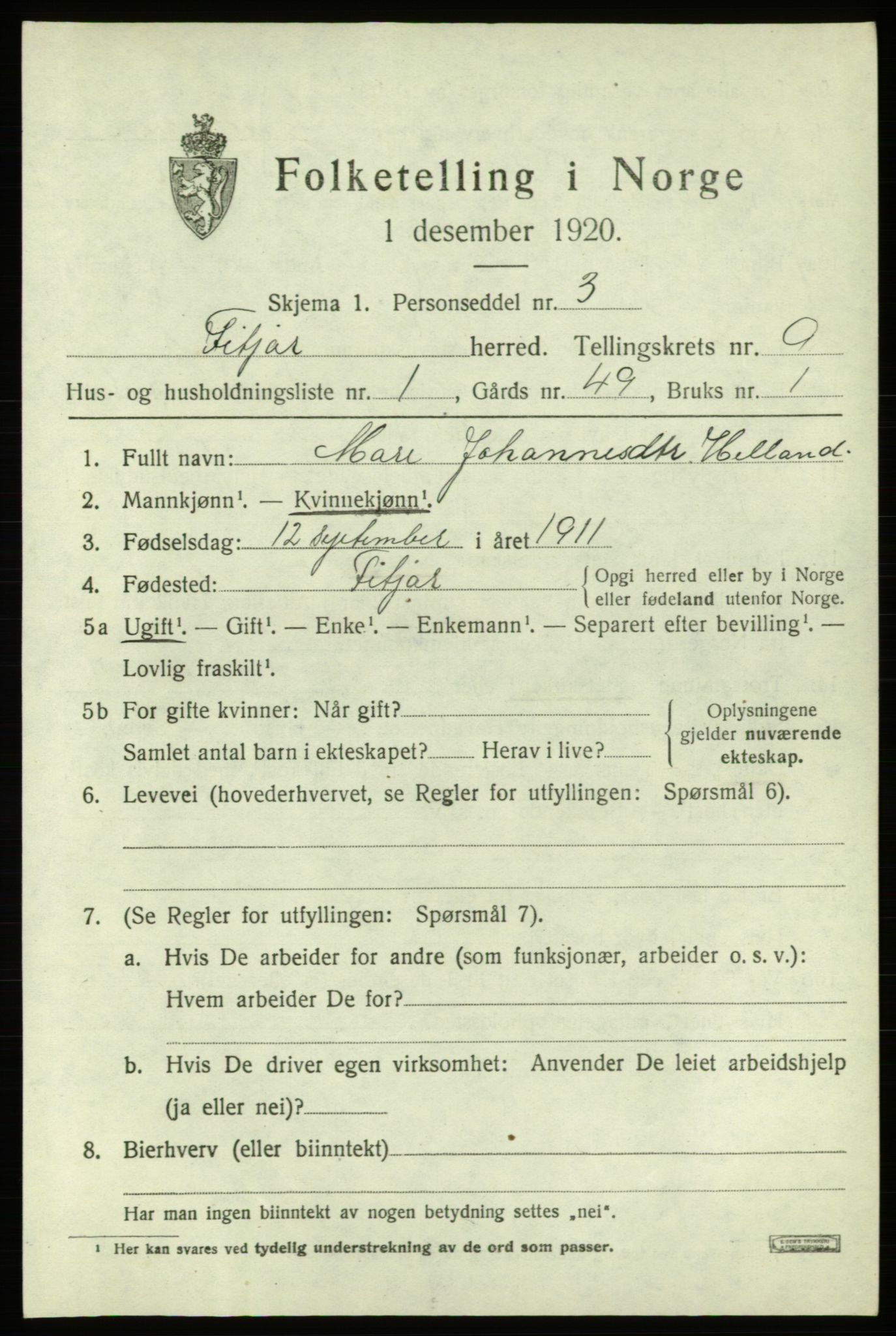 SAB, 1920 census for Fitjar, 1920, p. 3736