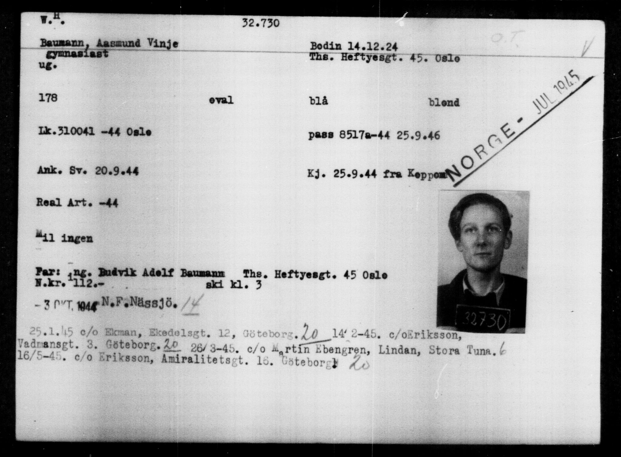 Utenriksstasjonene, Legasjonen i Stockholm, Flyktningkontoret, AV/RA-S-6753/V/Va/L0013: Kjesäterkartoteket, flyktninger med registreringsnr. 31500-34731, 1940-1945, p. 1293