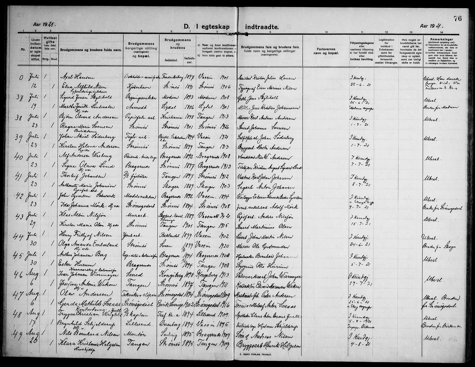 Strømsø kirkebøker, AV/SAKO-A-246/F/Fa/L0027: Parish register (official) no. I 28, 1912-1931, p. 76