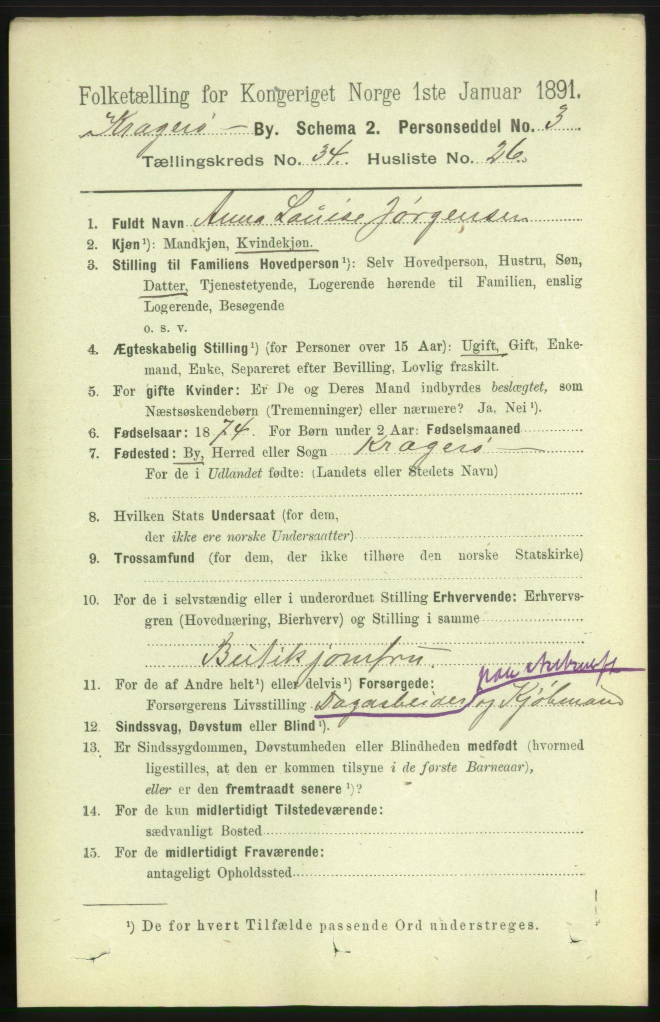 RA, 1891 census for 0801 Kragerø, 1891, p. 6240