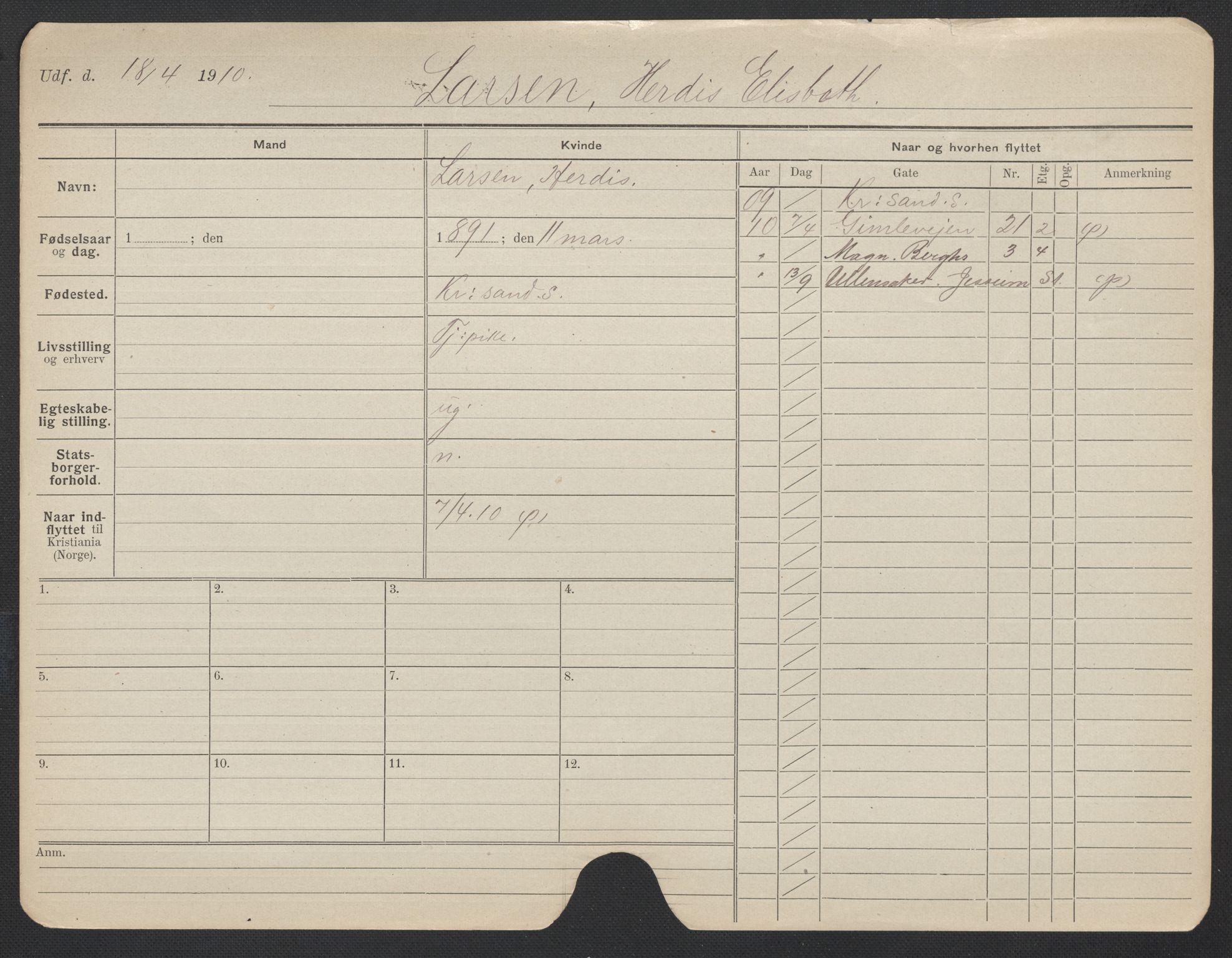 Oslo folkeregister, Registerkort, AV/SAO-A-11715/F/Fa/Fac/L0019: Kvinner, 1906-1914, p. 923a