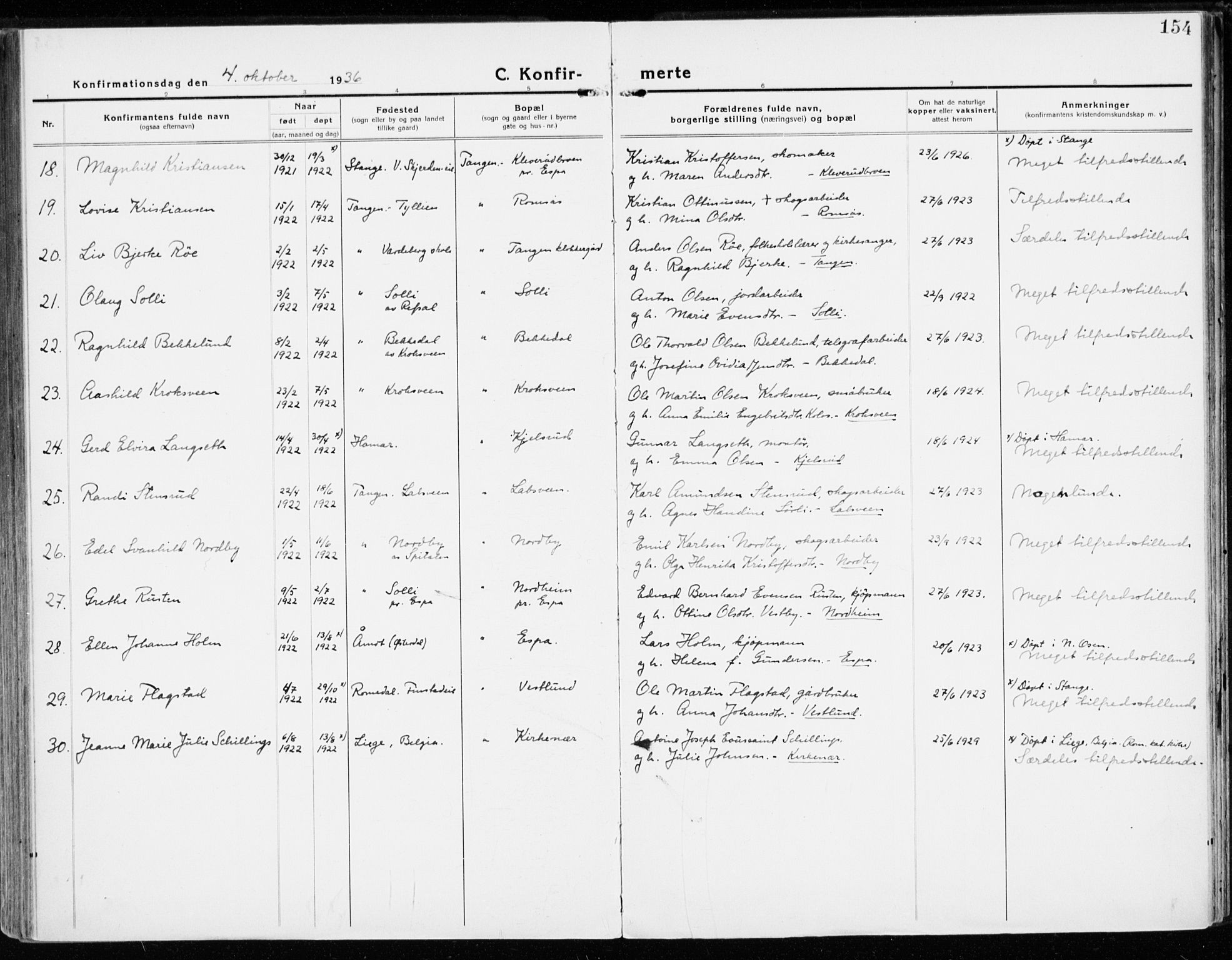 Stange prestekontor, SAH/PREST-002/K/L0025: Parish register (official) no. 25, 1921-1945, p. 154