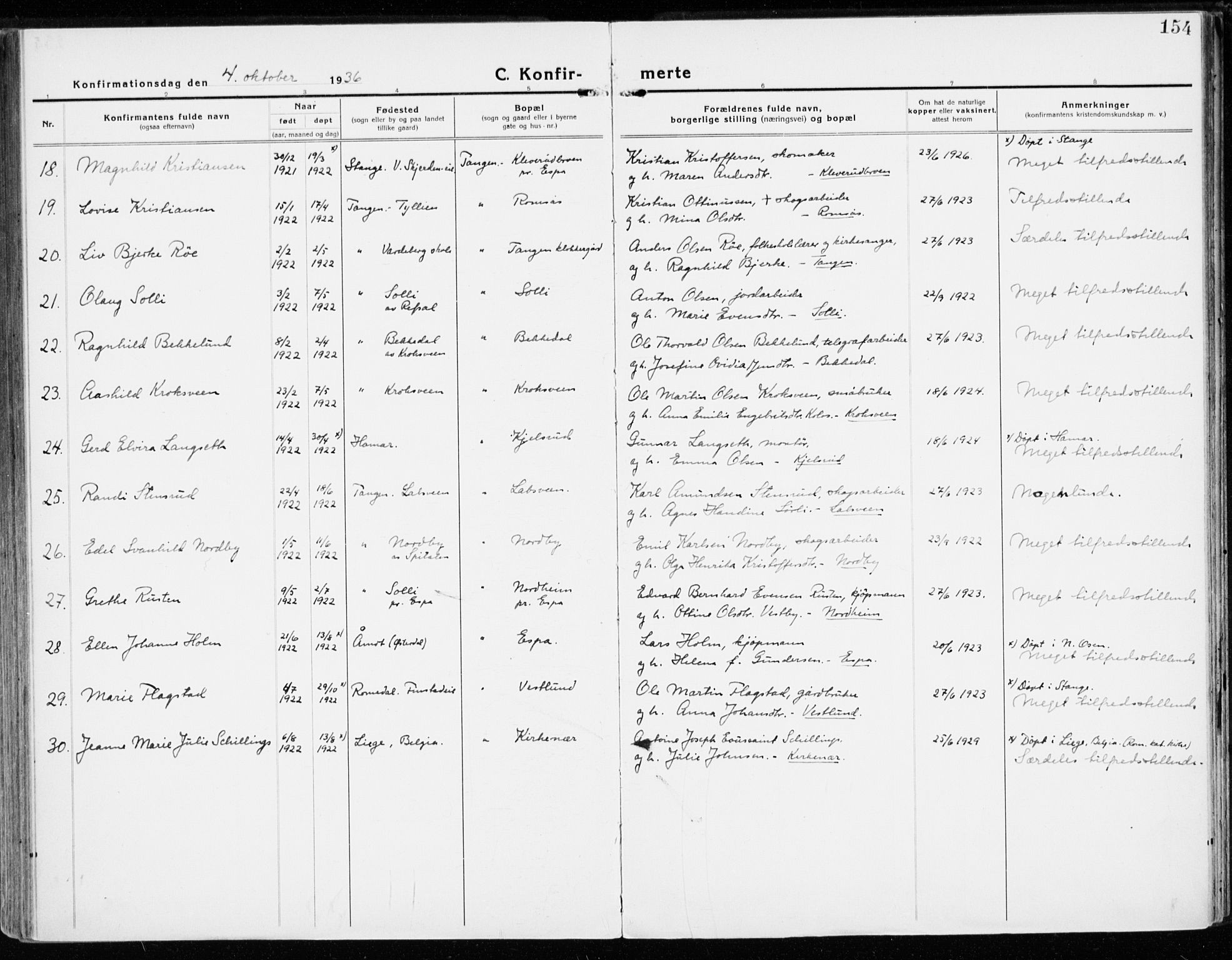 Stange prestekontor, AV/SAH-PREST-002/K/L0025: Parish register (official) no. 25, 1921-1945, p. 154