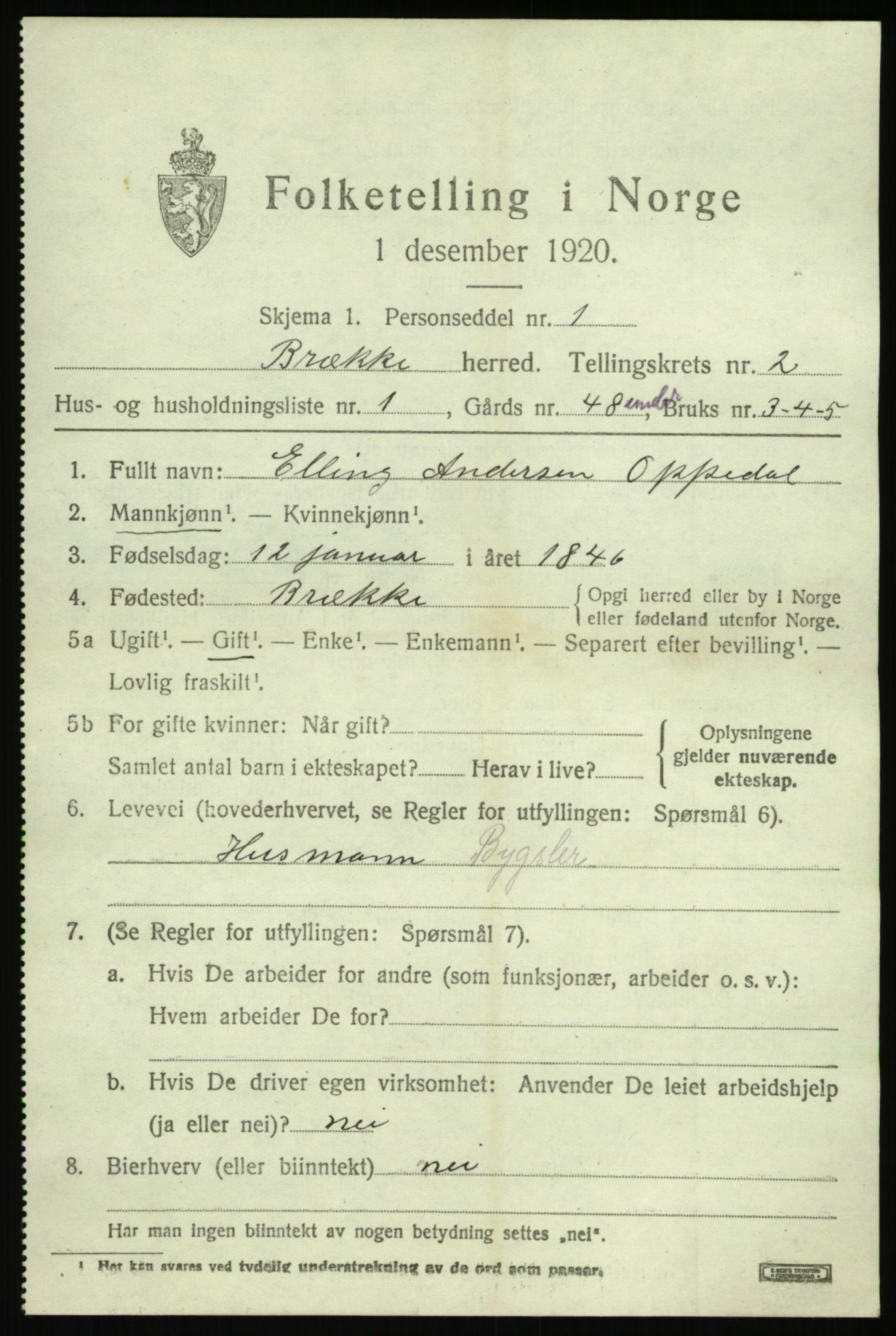 SAB, 1920 census for Brekke, 1920, p. 568