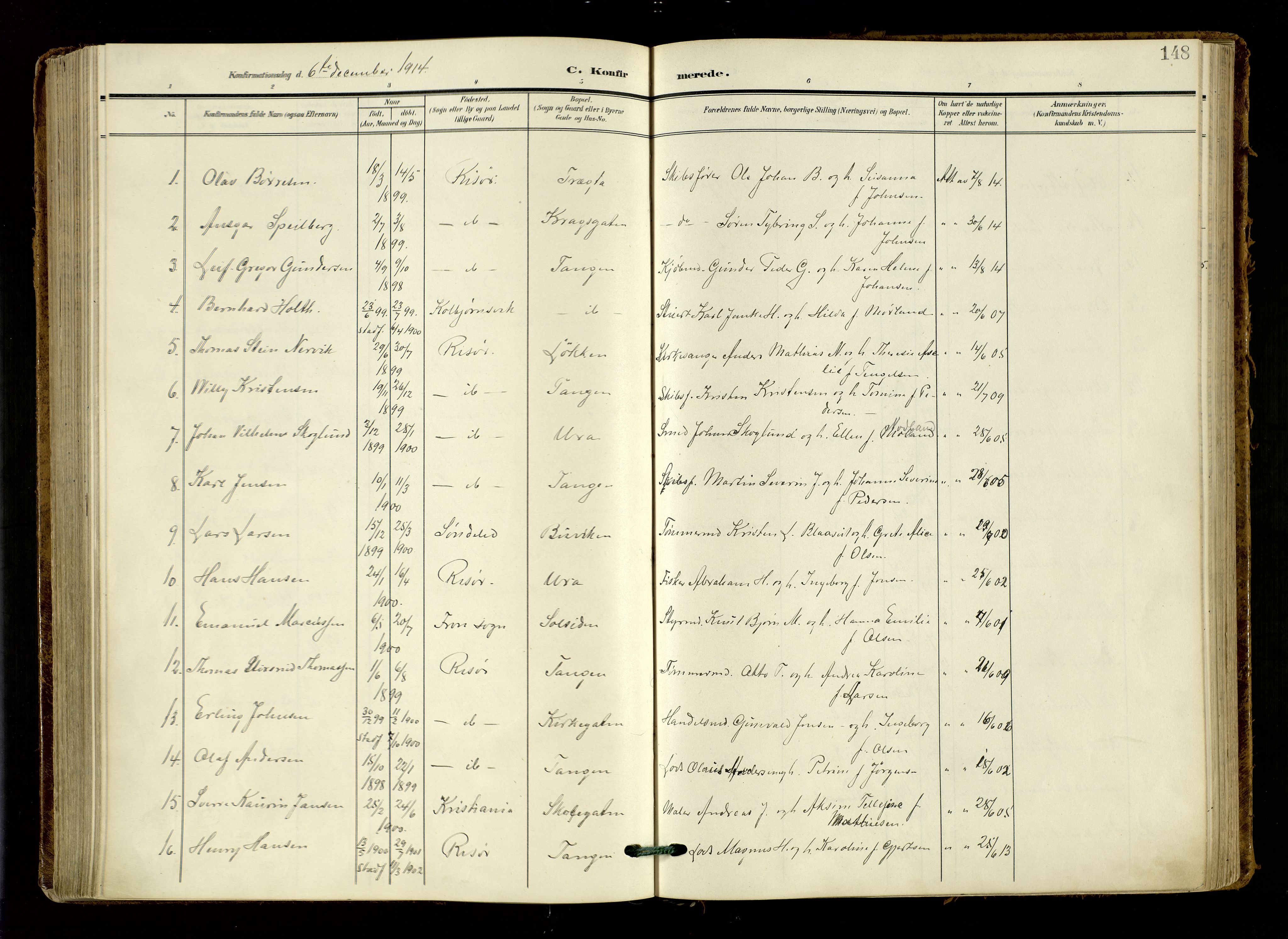 Risør sokneprestkontor, AV/SAK-1111-0035/F/Fa/L0011: Parish register (official) no. A 11, 1907-1920, p. 148