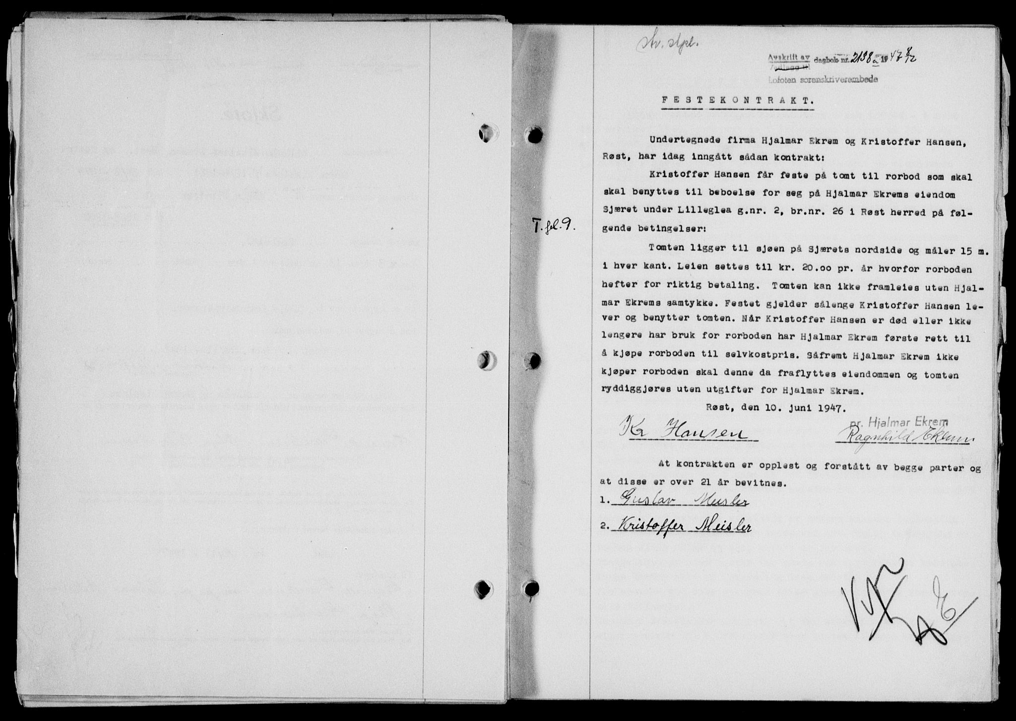 Lofoten sorenskriveri, SAT/A-0017/1/2/2C/L0017a: Mortgage book no. 17a, 1947-1948, Diary no: : 2138/1947