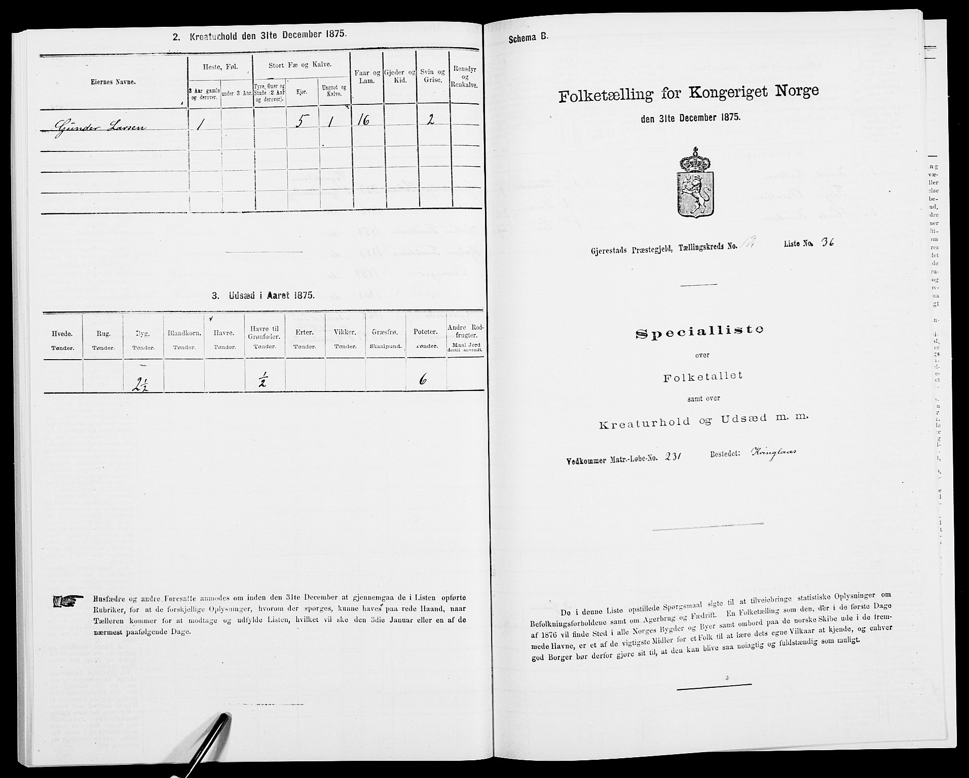 SAK, 1875 census for 0911P Gjerstad, 1875, p. 1353