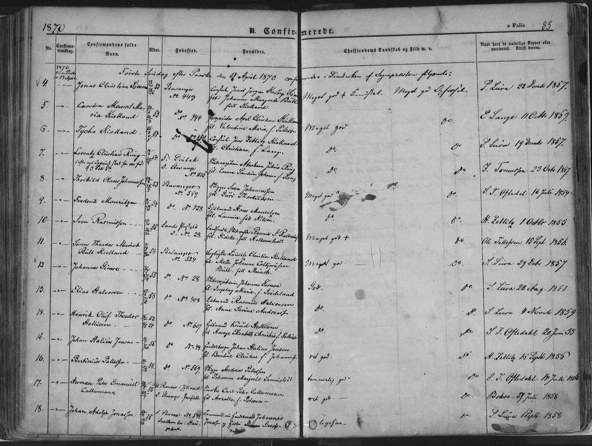 Domkirken sokneprestkontor, AV/SAST-A-101812/001/30/30BA/L0018: Parish register (official) no. A 17, 1857-1877, p. 85