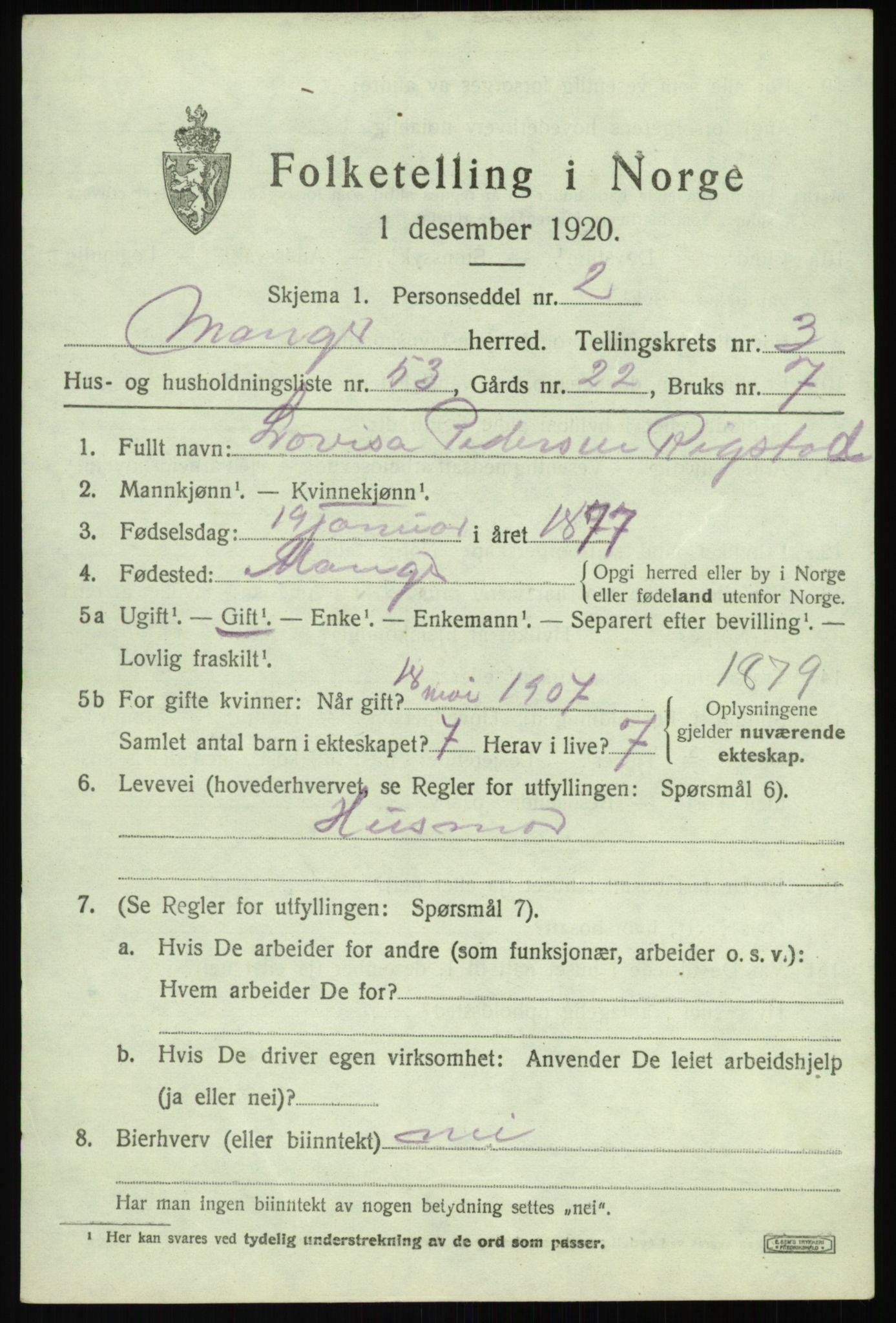 SAB, 1920 census for Manger, 1920, p. 2869