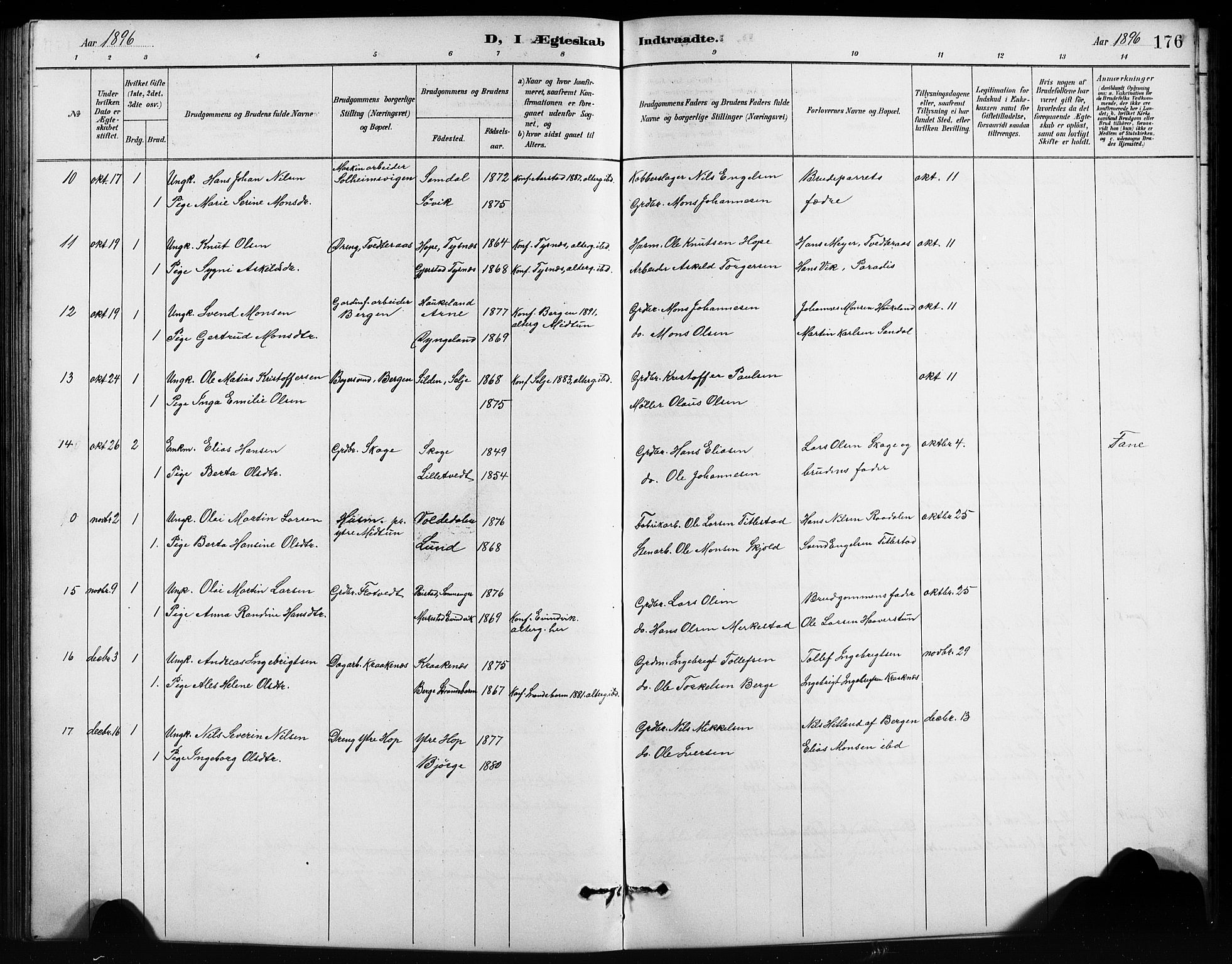 Birkeland Sokneprestembete, SAB/A-74601/H/Hab: Parish register (copy) no. A 4, 1888-1897, p. 176