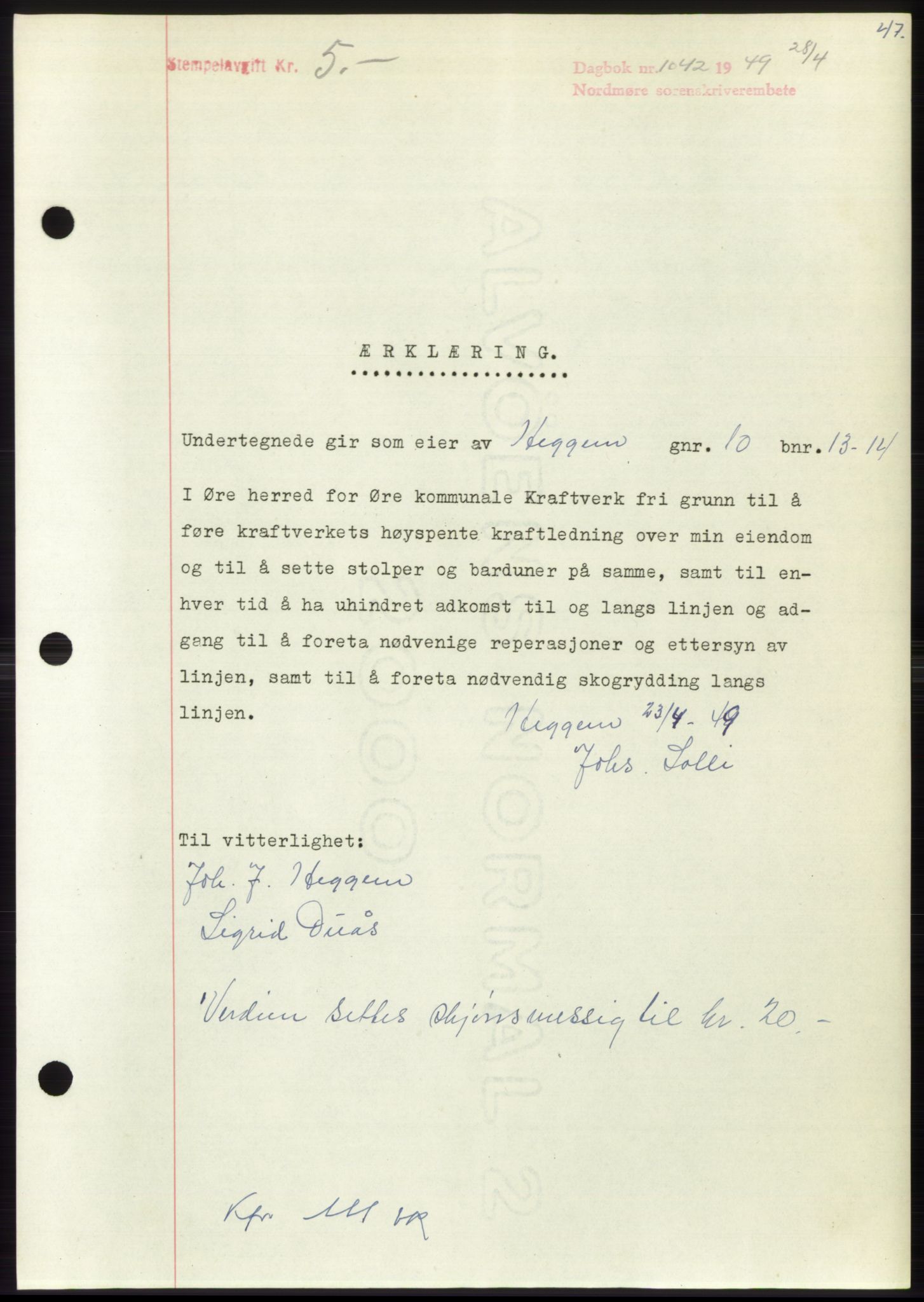 Nordmøre sorenskriveri, AV/SAT-A-4132/1/2/2Ca: Mortgage book no. B101, 1949-1949, Diary no: : 1042/1949