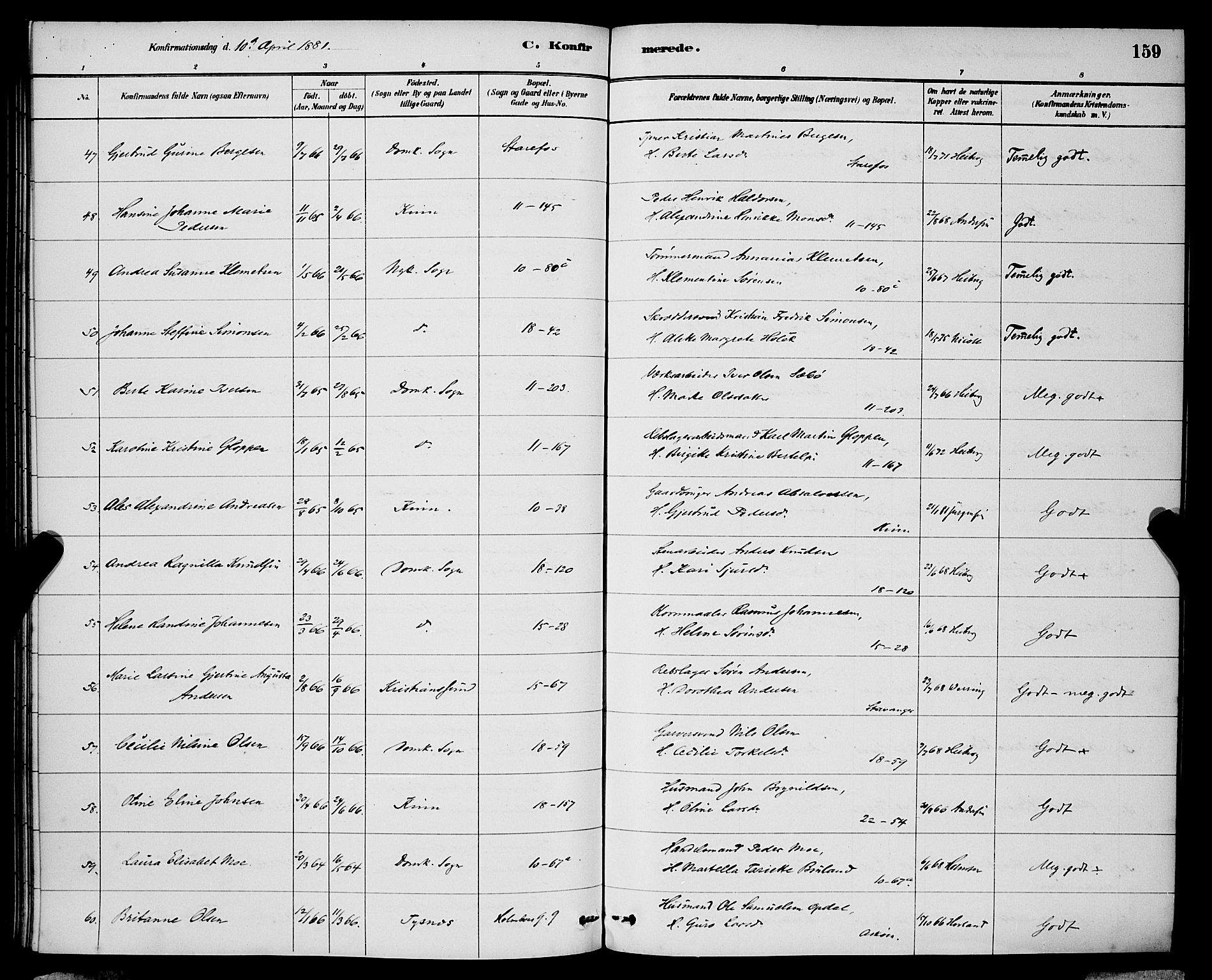 Domkirken sokneprestembete, AV/SAB-A-74801/H/Hab/L0024: Parish register (copy) no. C 4, 1880-1899, p. 159